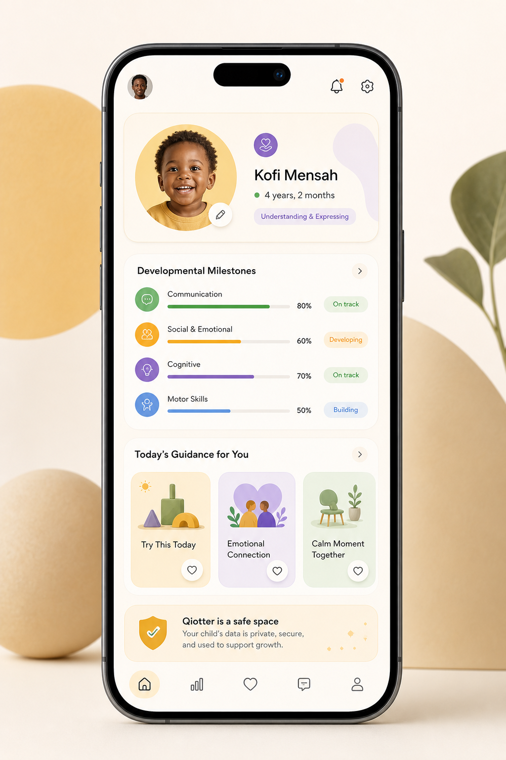 Qiotter app interface showing a personalised child profile, progress cards, and caregiver guidance in a warm clean layout