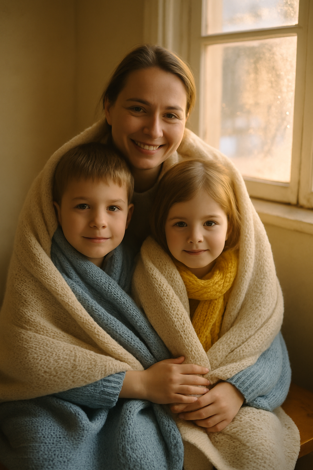 A Ukrainian mother and her two young children wrapped in warm blankets, smiling gently inside a softly lit home during winter