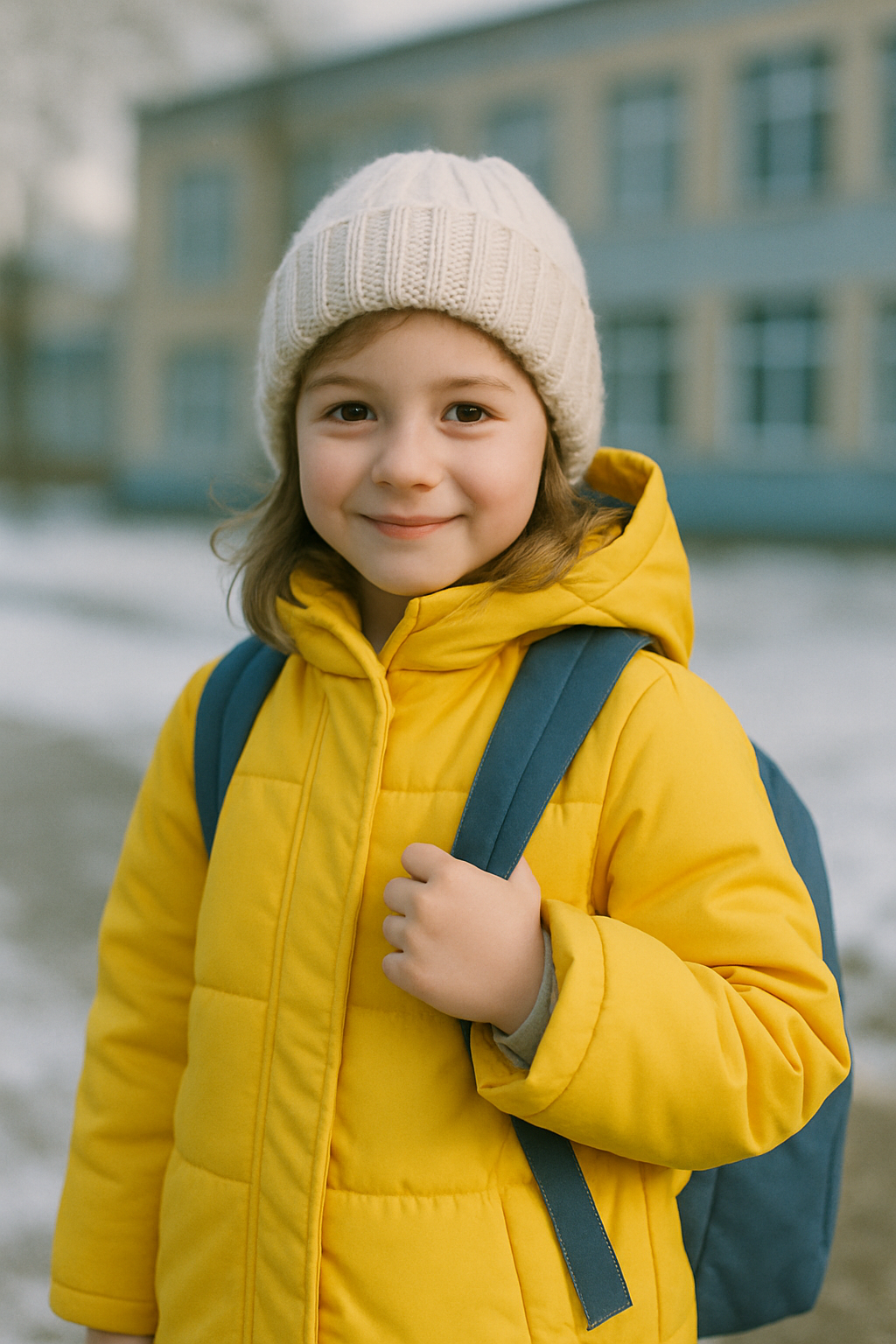 A young schoolchild smiling shyly while wearing a new bright yellow winter coat and a knitted hat, holding a small backpack