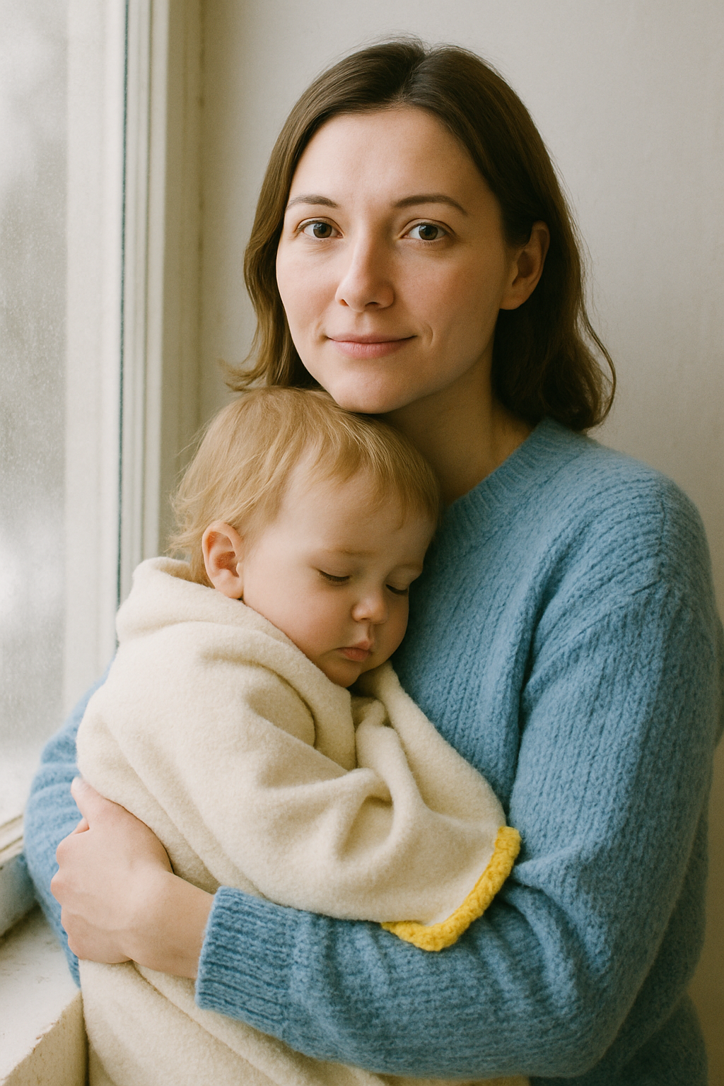 A young mother holding her small child wrapped in a warm blanket, standing near a window with soft winter light