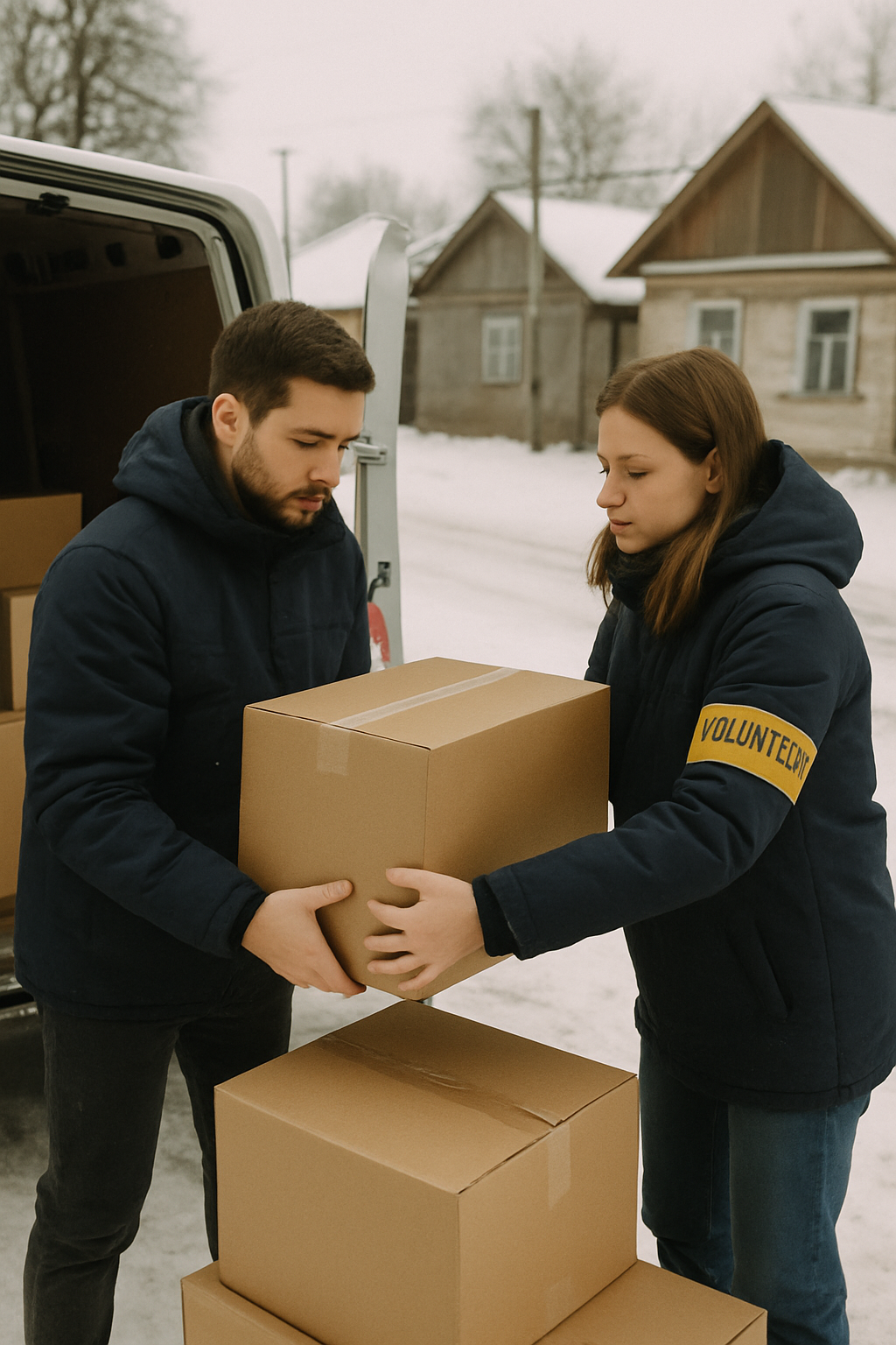 Two volunteers in dark winter jackets unloading boxes of supplies from a van on a snow-covered street in a small town