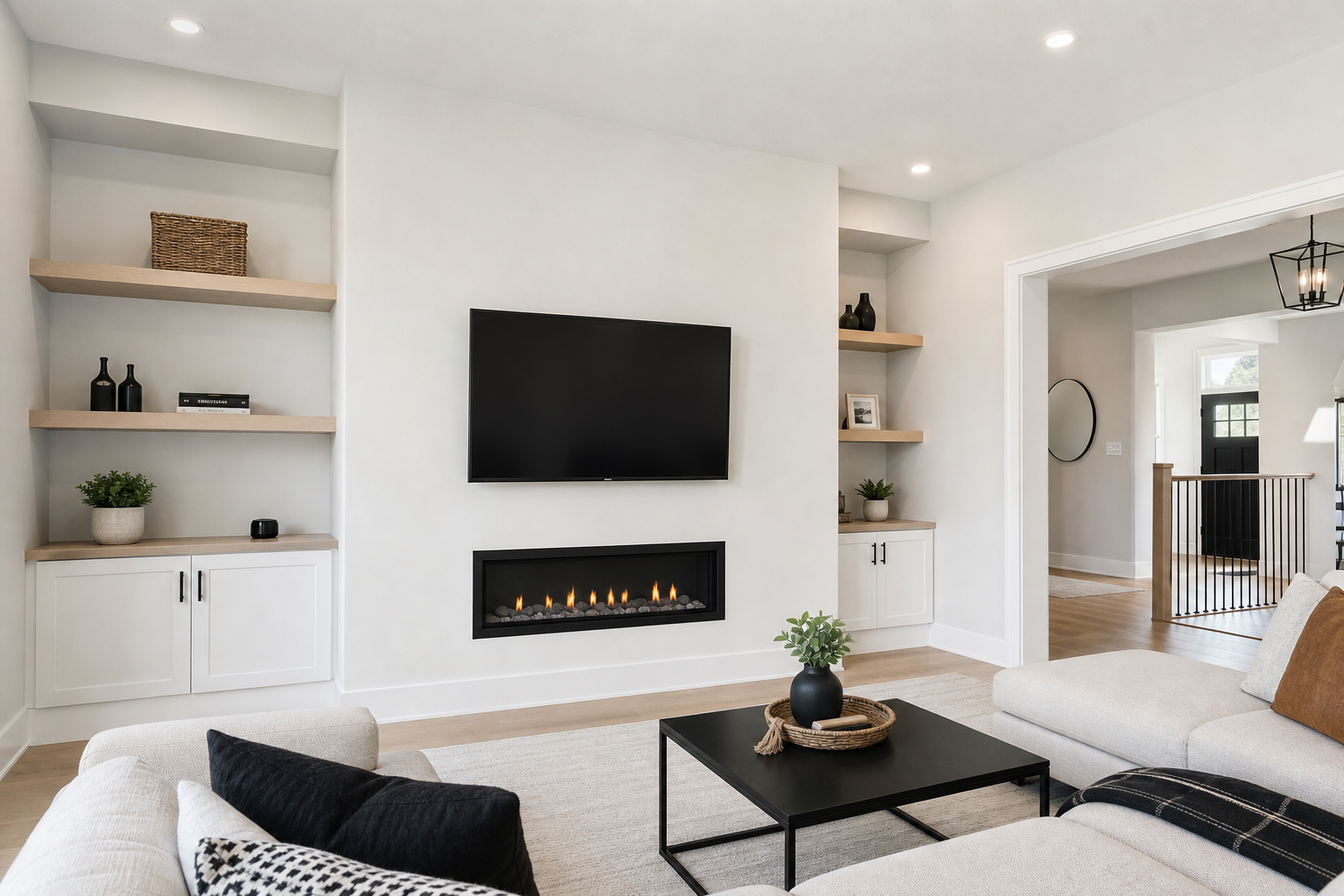 Bright modern living room wall with a flawless smooth drywall finish and clean trim lines