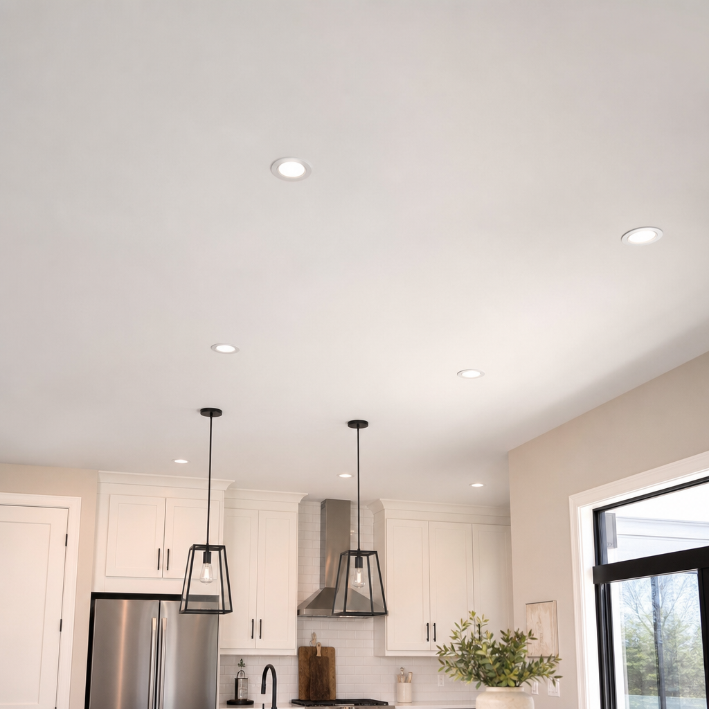 Modern kitchen ceiling repaired with seamless blending around lighting cutouts