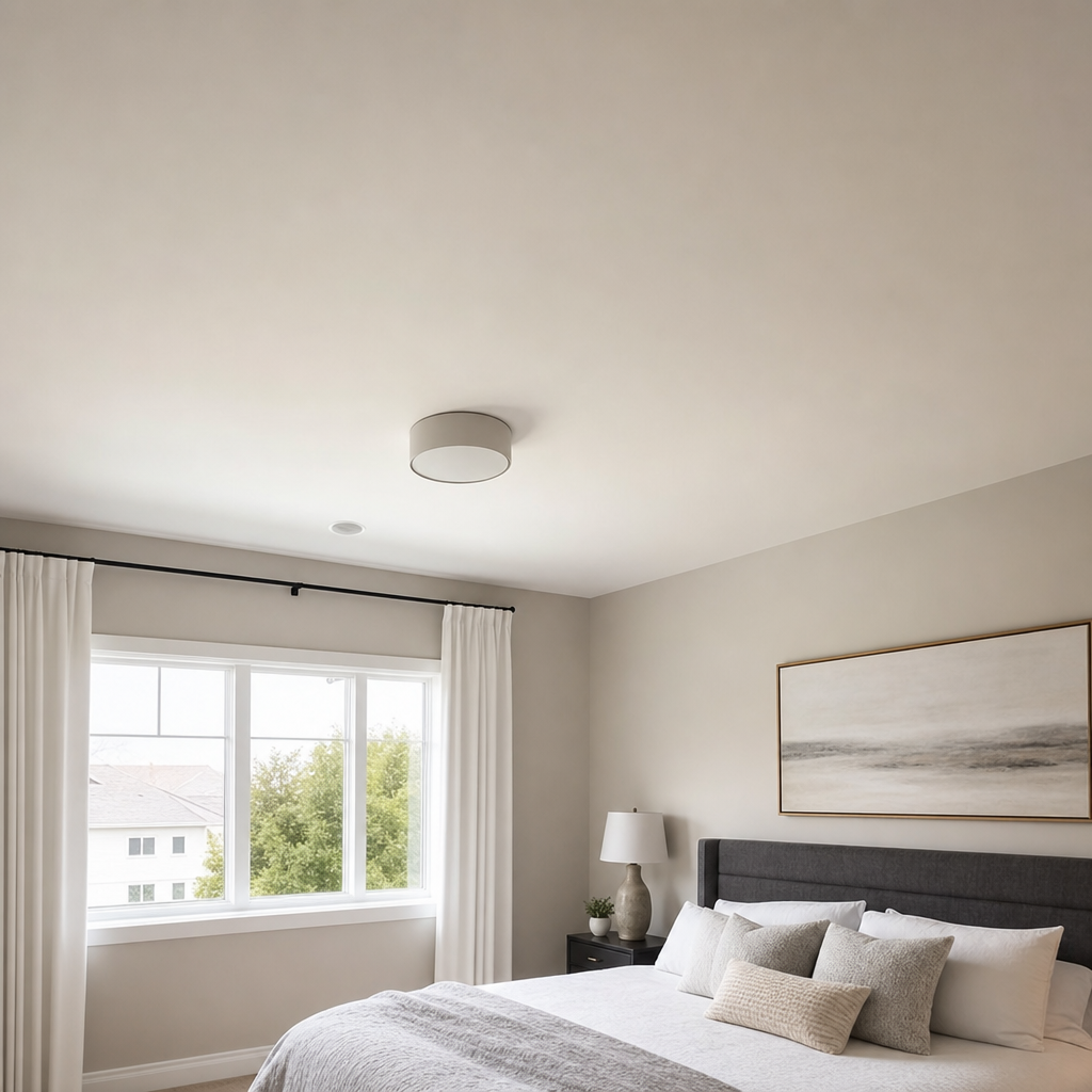 Bedroom ceiling after popcorn removal with smooth, flat finish and soft daylight