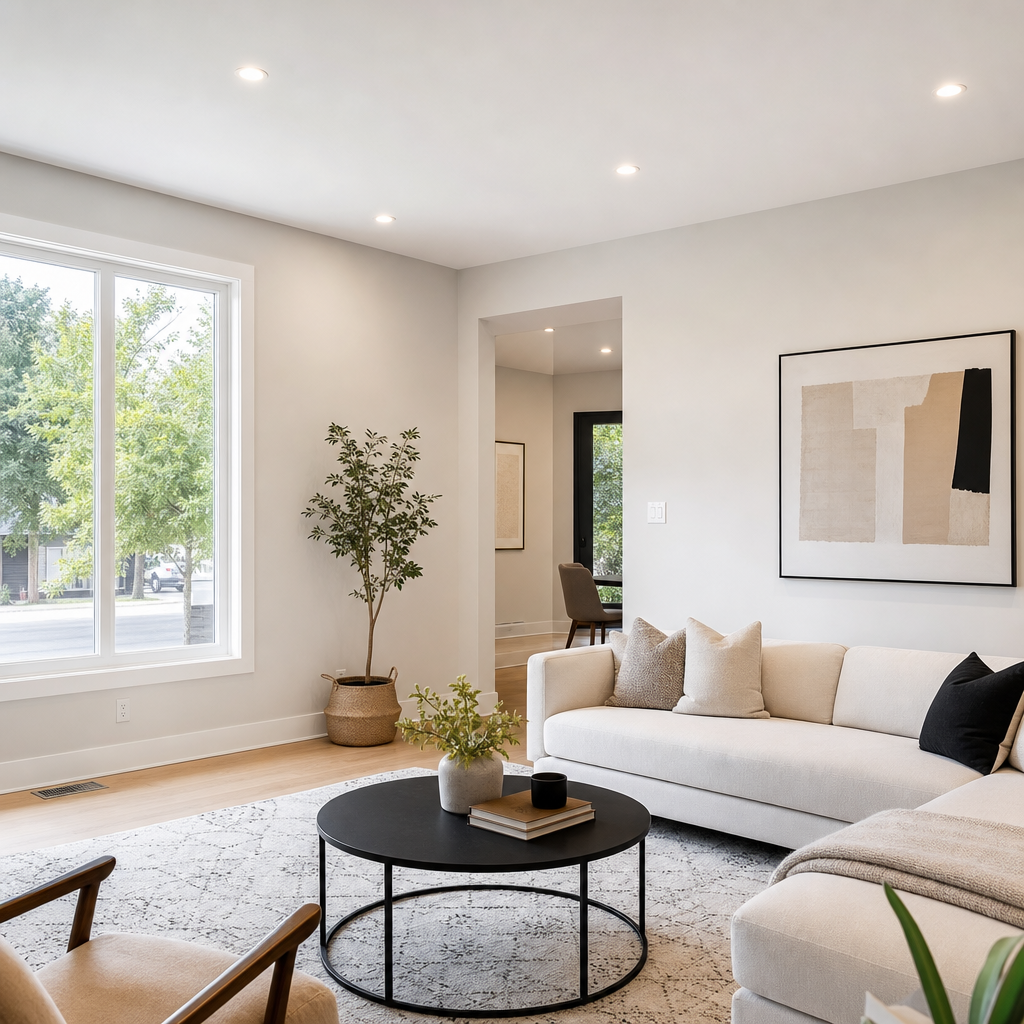 Bright renovated living room with freshly finished smooth drywall and clean corner lines
