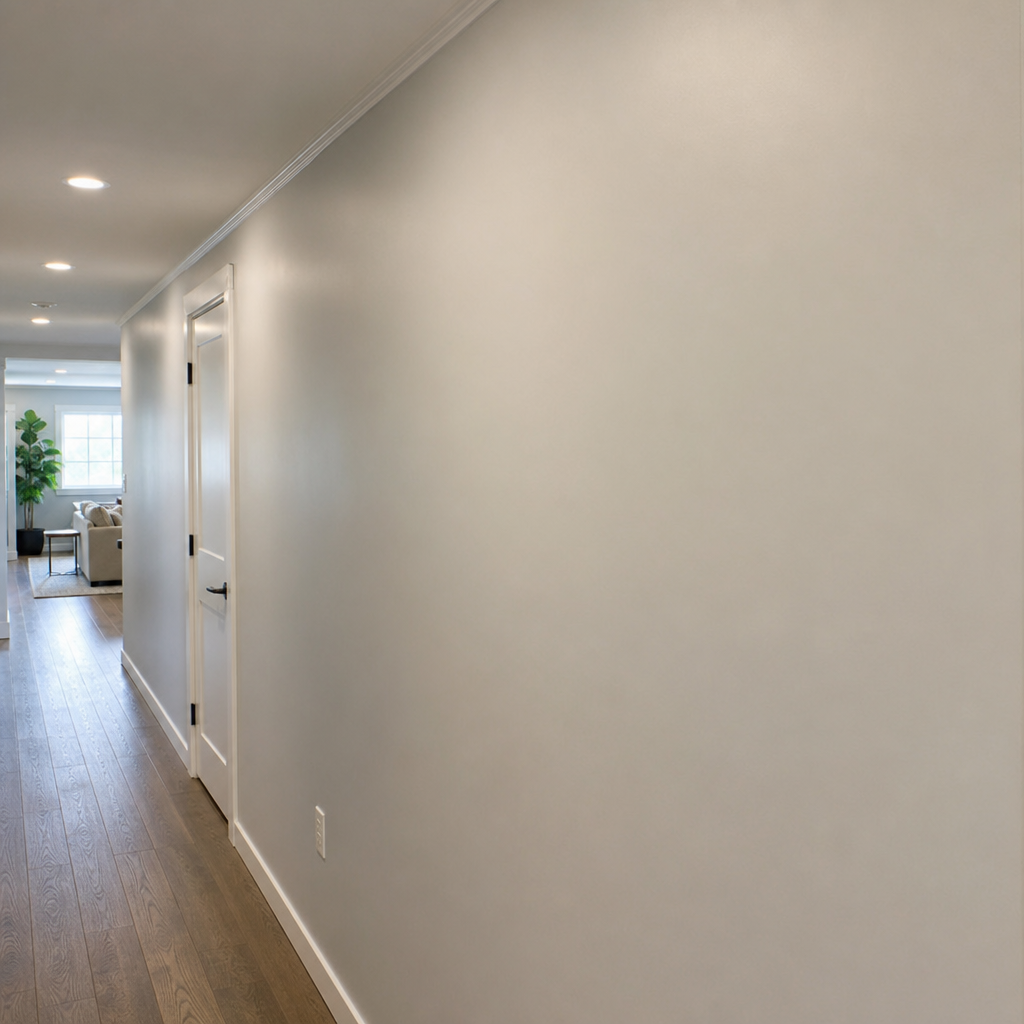 Neutral hallway wall with smooth patched sections blended to a uniform finish