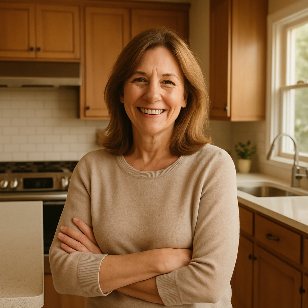 Friendly homeowner Amy standing in her remodeled kitchen