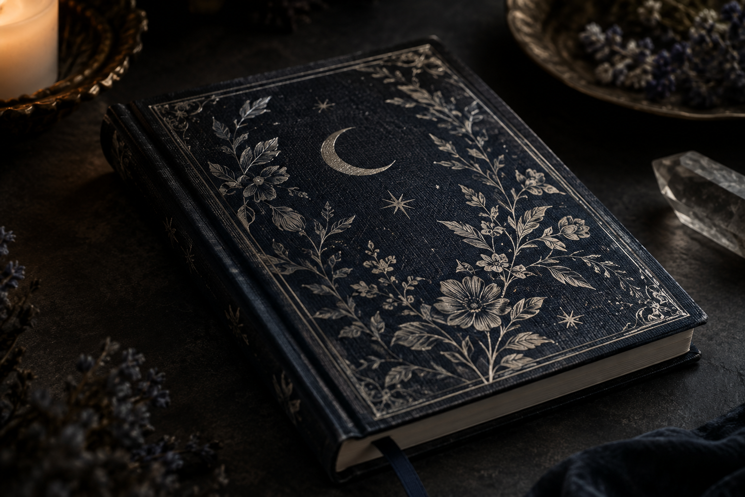 Close-up of a moonlit botanical journal cover texture with foil linework and fine grain