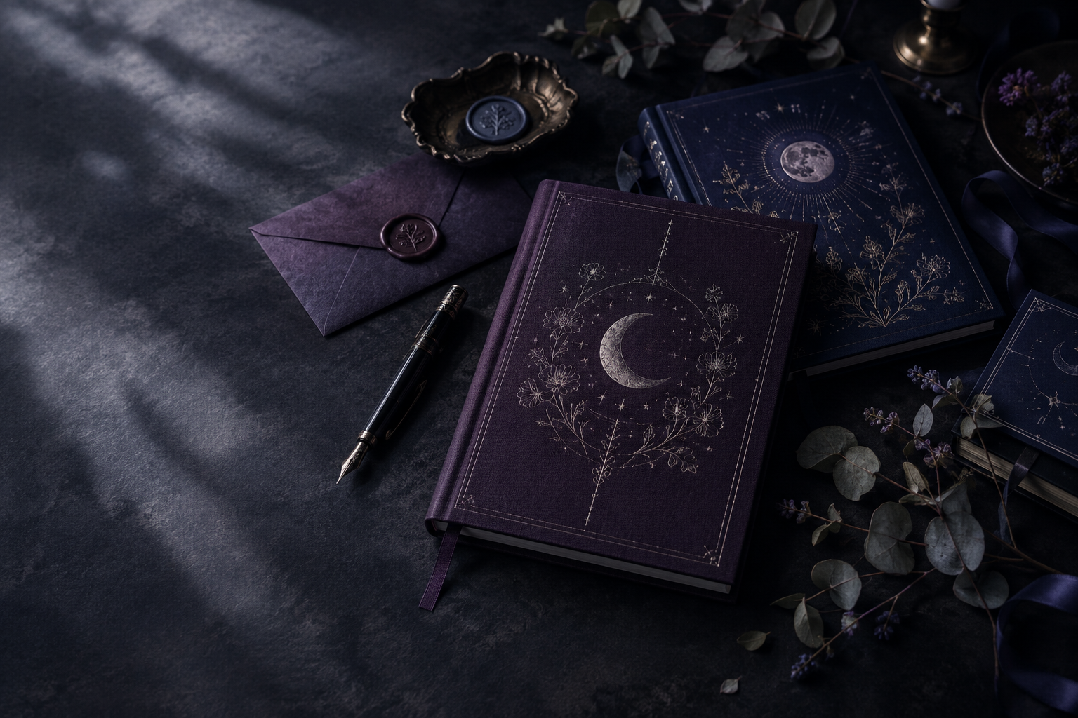 Moody still-life arrangement of Moonlight Collection journals, notebooks, and stationery with botanical sprigs, silver pen, ribbon, and soft moonlit highlights on a dark editorial tabletop