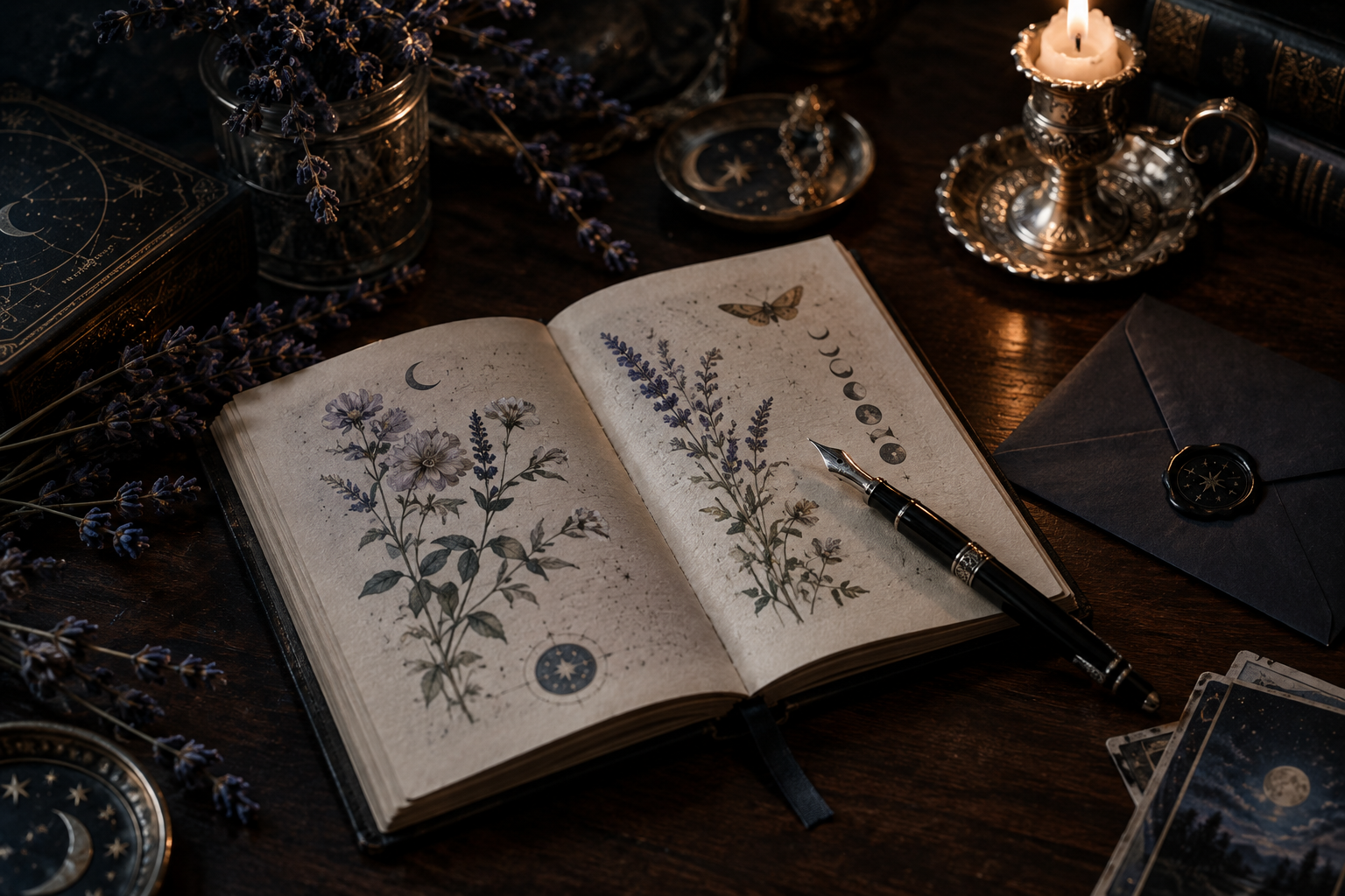 Moody moonlit writing setup with an open botanical journal, fountain pen, wax seal, and silver candlelight on a dark wooden desk