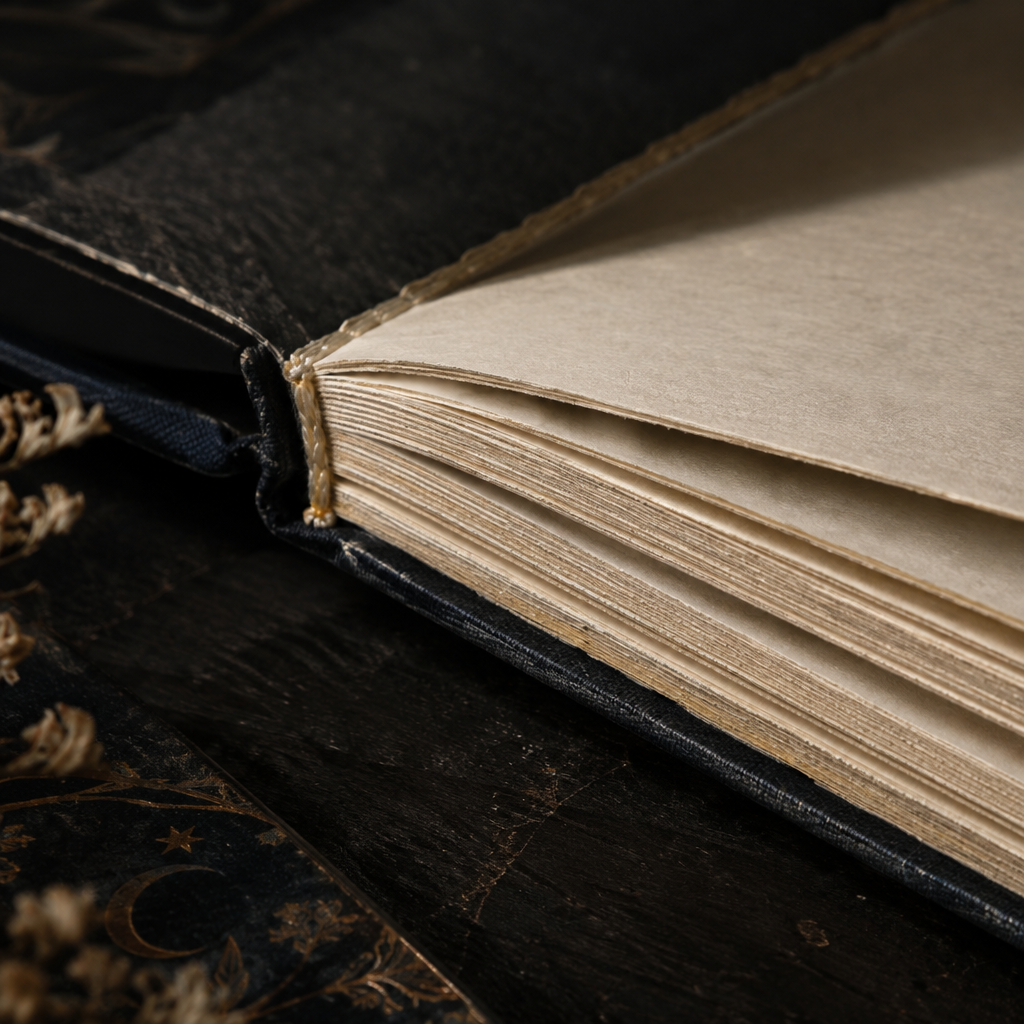 Close-up of journal page edges and stitching details under soft low-key light