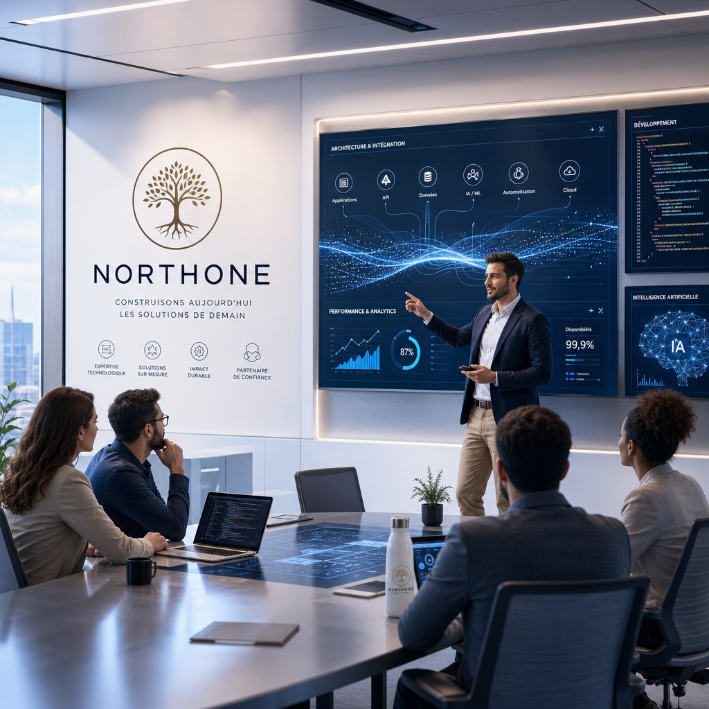 Illustration moderne d’une équipe IT analysant des données, écrans de code, tableaux de bord et flux IA dans un environnement corporate