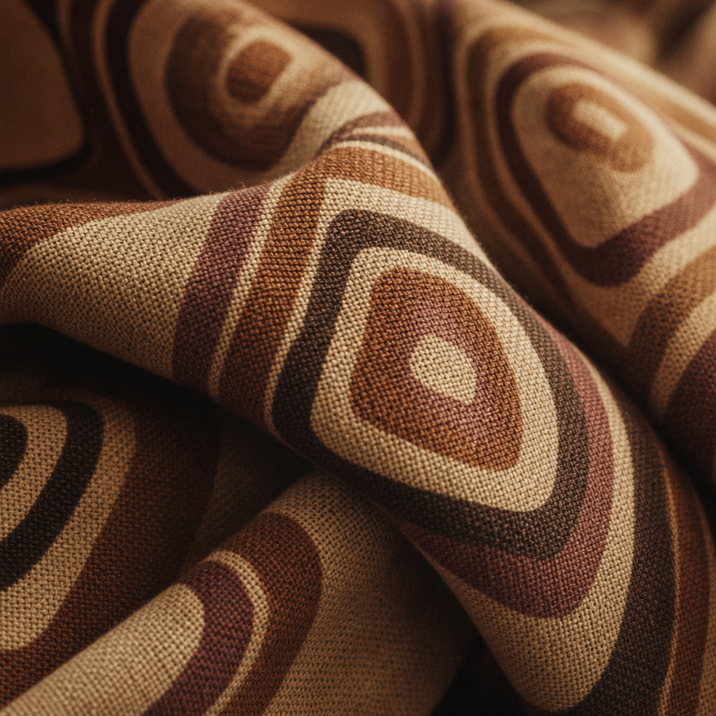 Close-up of a vintage patterned fabric in warm sepia tones with subtle texture