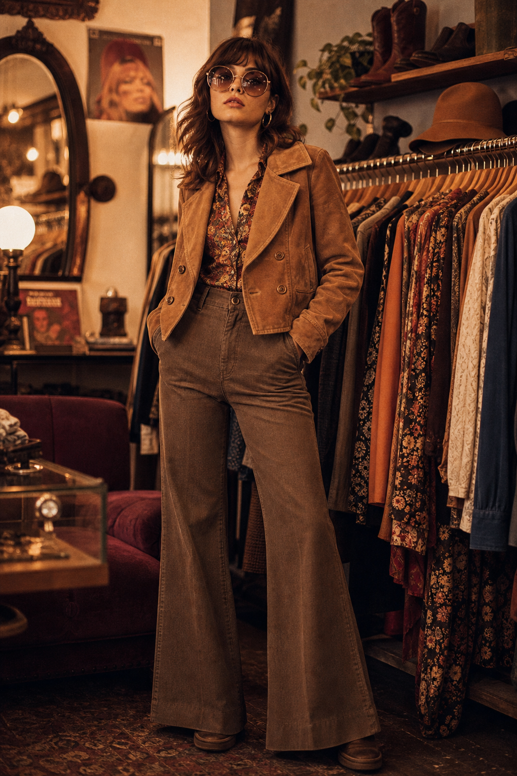 Model in a sepia-toned 70s suede jacket and wide-leg trousers standing in a vintage boutique