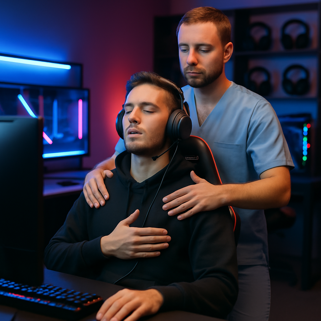 Expert staff providing anti-stress support to a professional gamer