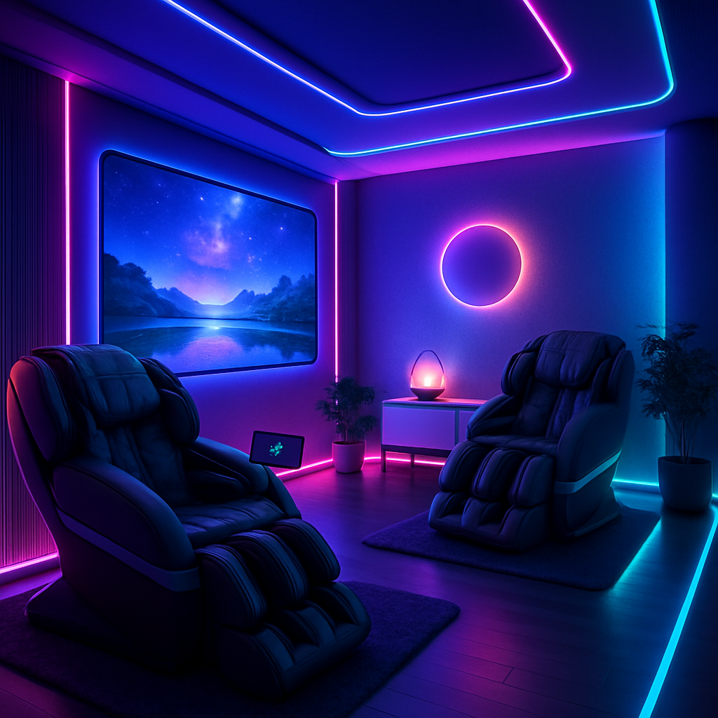 High-tech relaxation area with neon accents for gaming professionals