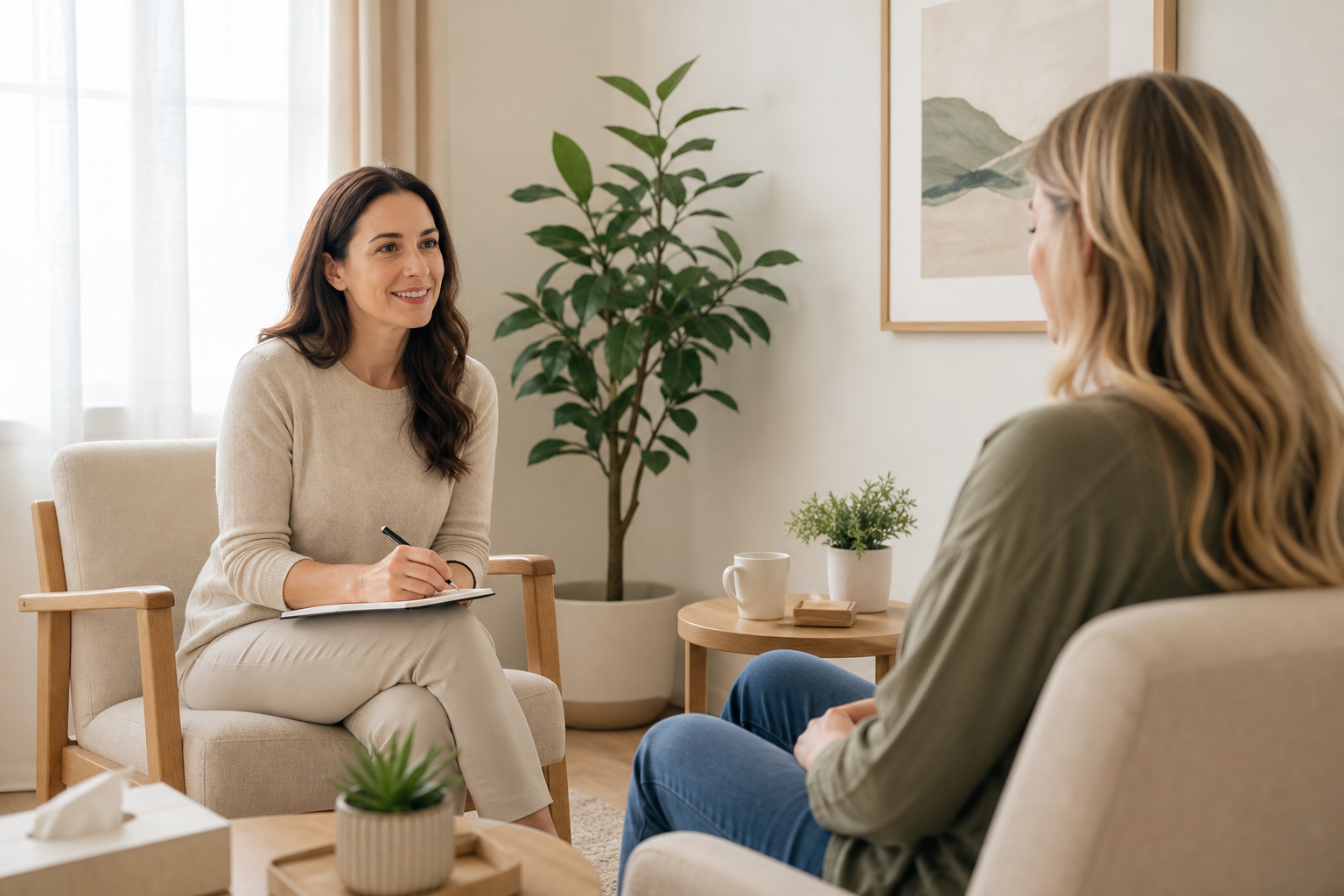 Therapist and adult client sitting in a bright, serene counseling room with soft natural light and neutral decor