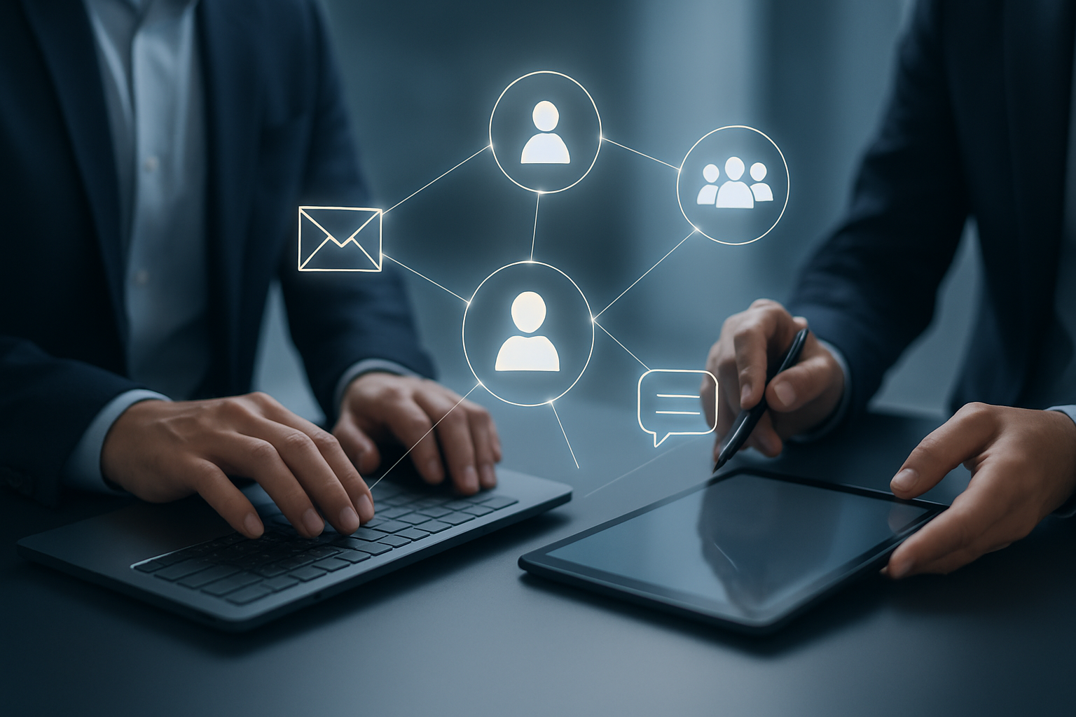 Professional collaboration scene with devices and network icons