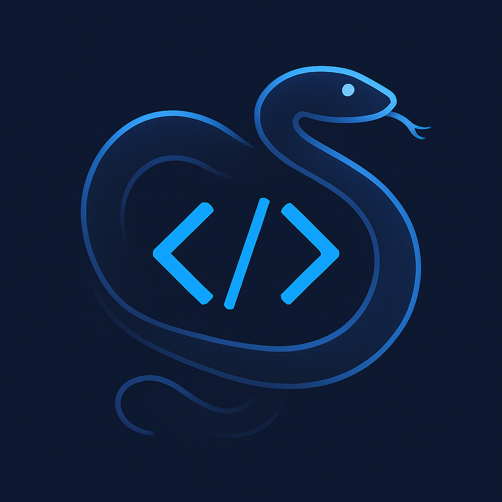 Curved python-like snake shape wrapping around code brackets