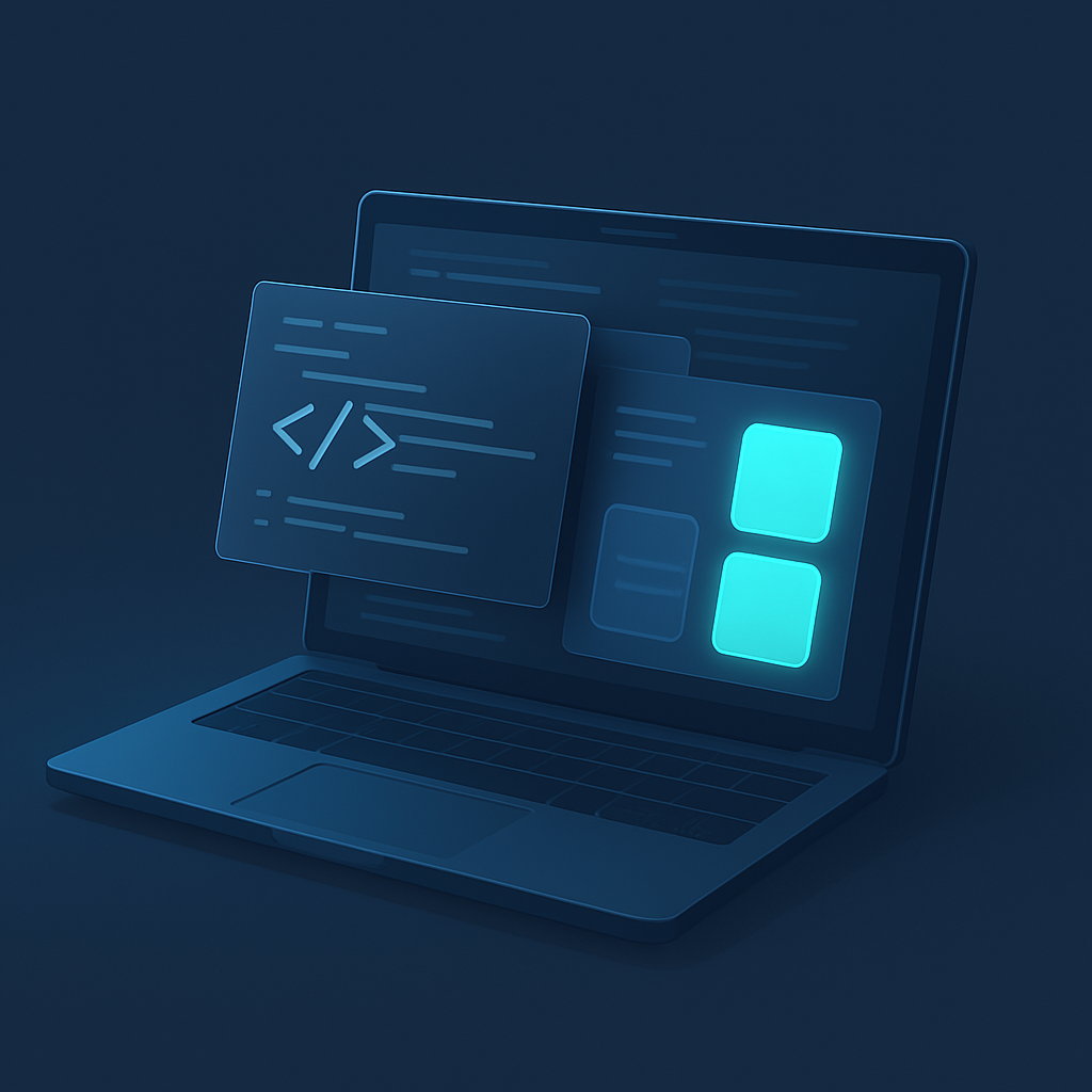 Minimal illustration of a laptop with code panels and glowing UI tiles