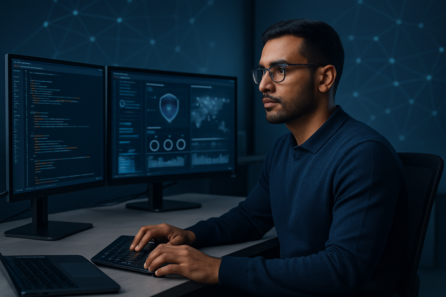 Professional technology expert at a modern workstation with code and network security visuals