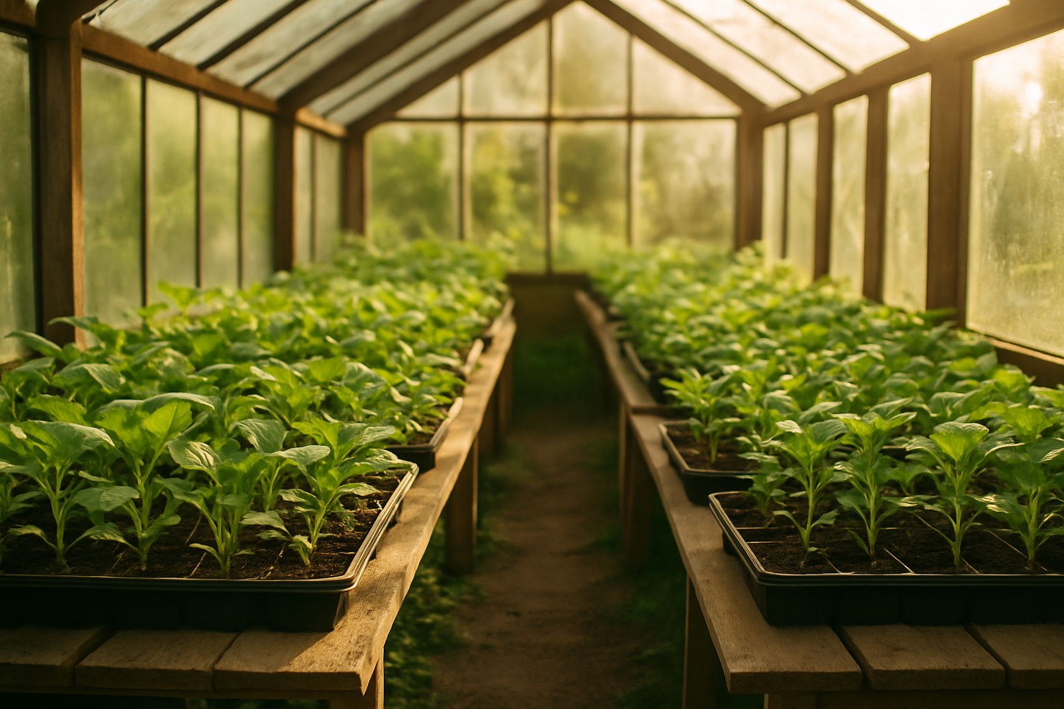 Warm, sunlit household greenhouse with rows of young leafy plants on wooden benches