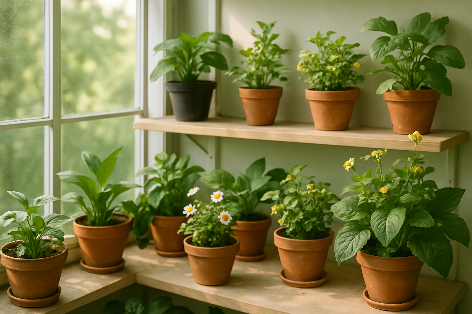 Bright greenhouse corner with healthy leafy plants and small blooms on wooden shelves