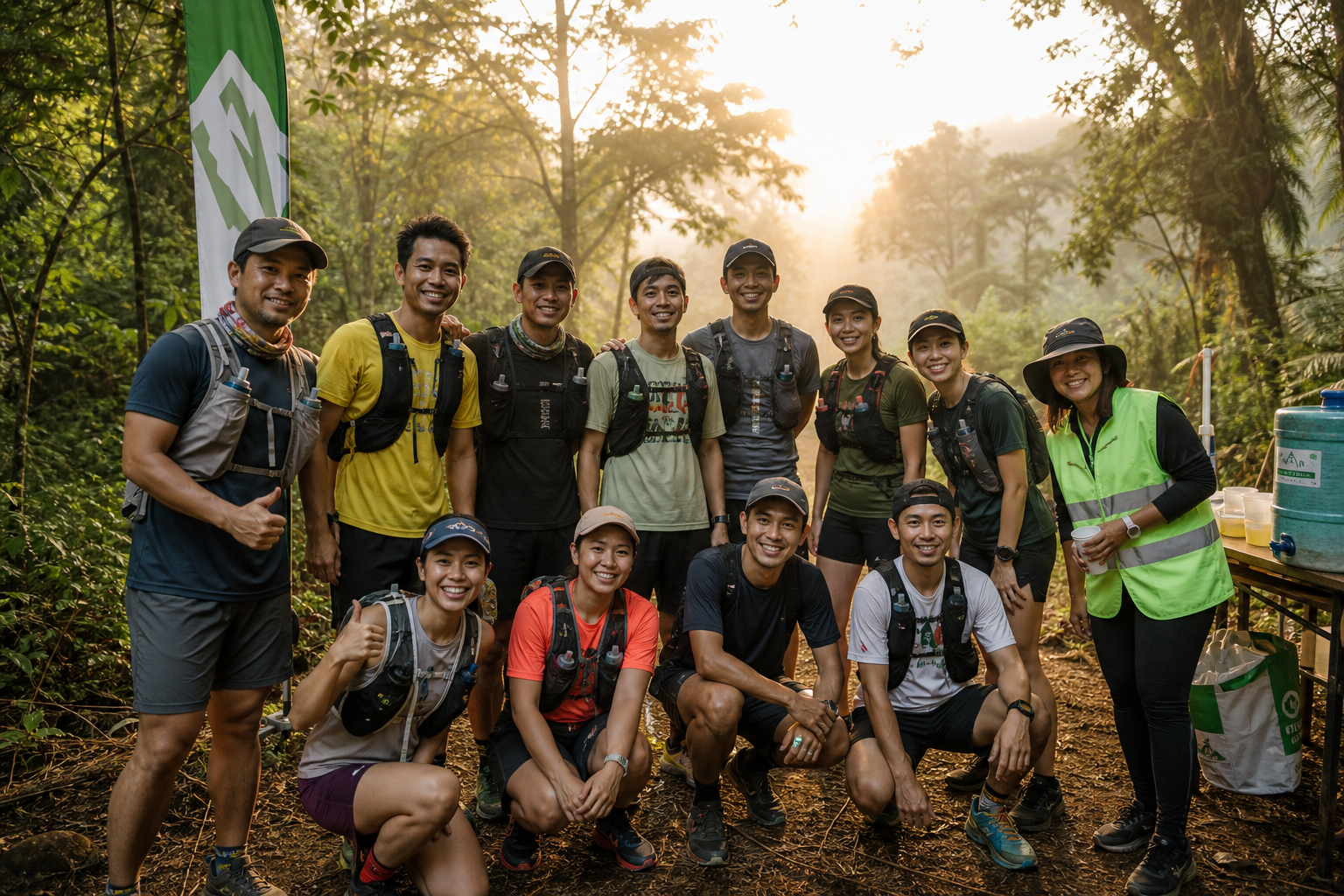 Diverse trail running community smiling together at sunrise in a forest trail clearing