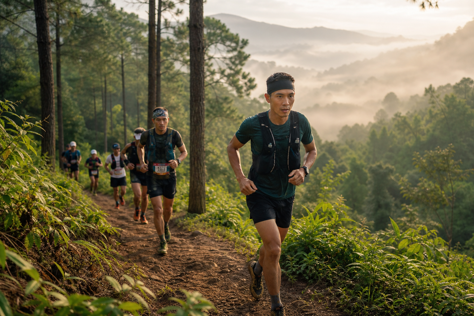 Runners moving through a misty pine forest trail in Pyin Oo Lwin with layered hills in the background