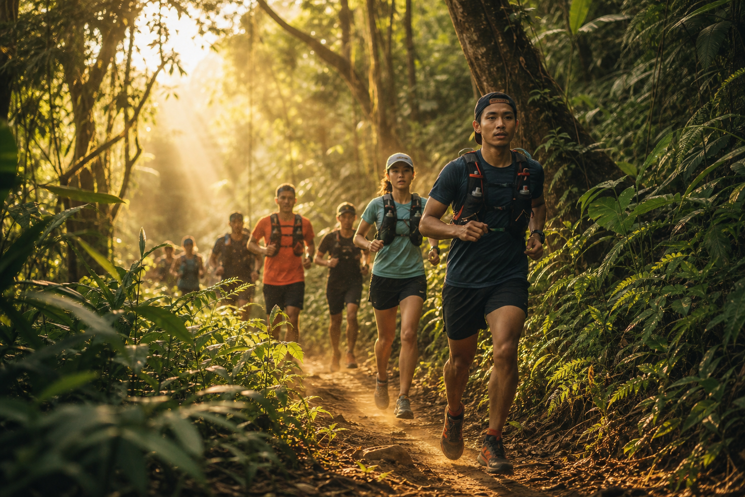 Trail runners moving through lush jungle terrain in Pyin Oo Lwin during golden hour
