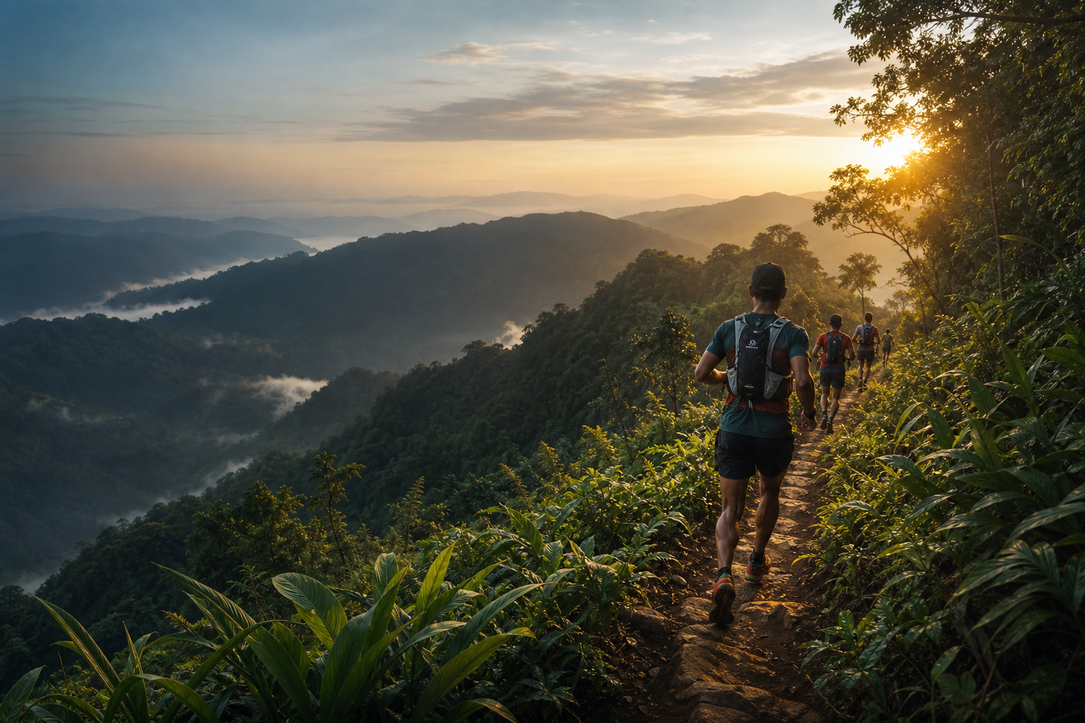 Early morning trail runners on a jungle mountain ridge in Myanmar with mist and warm sunrise light