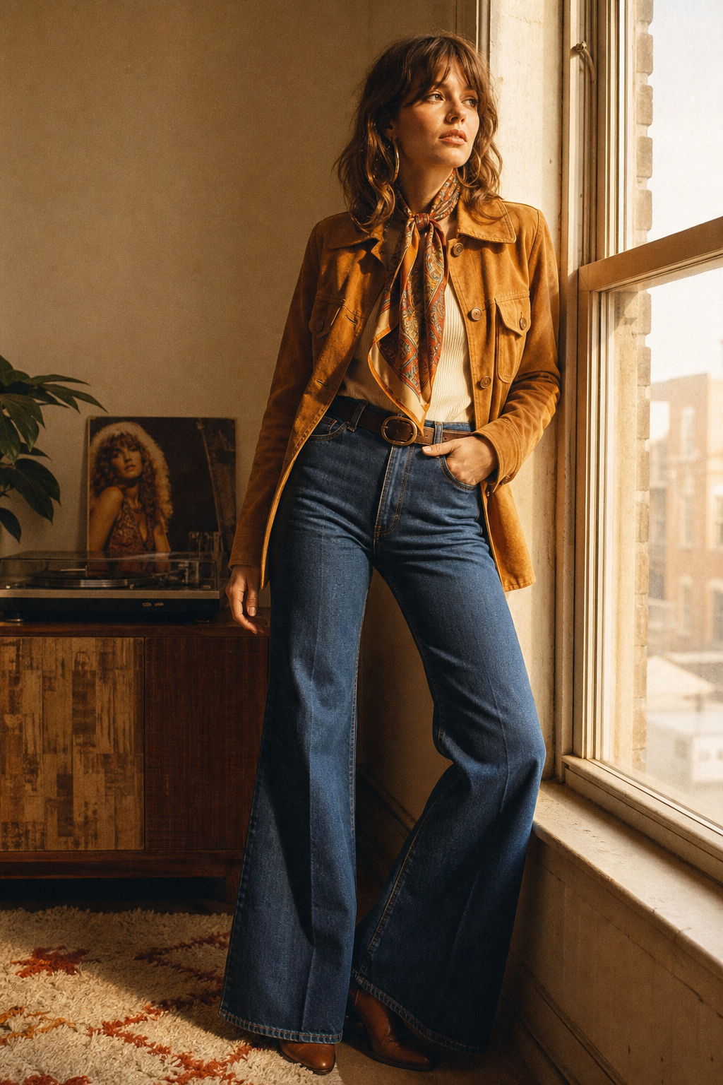 Model in a warm-toned 1970s inspired outfit, wearing a suede jacket and high-waisted flares in soft window light