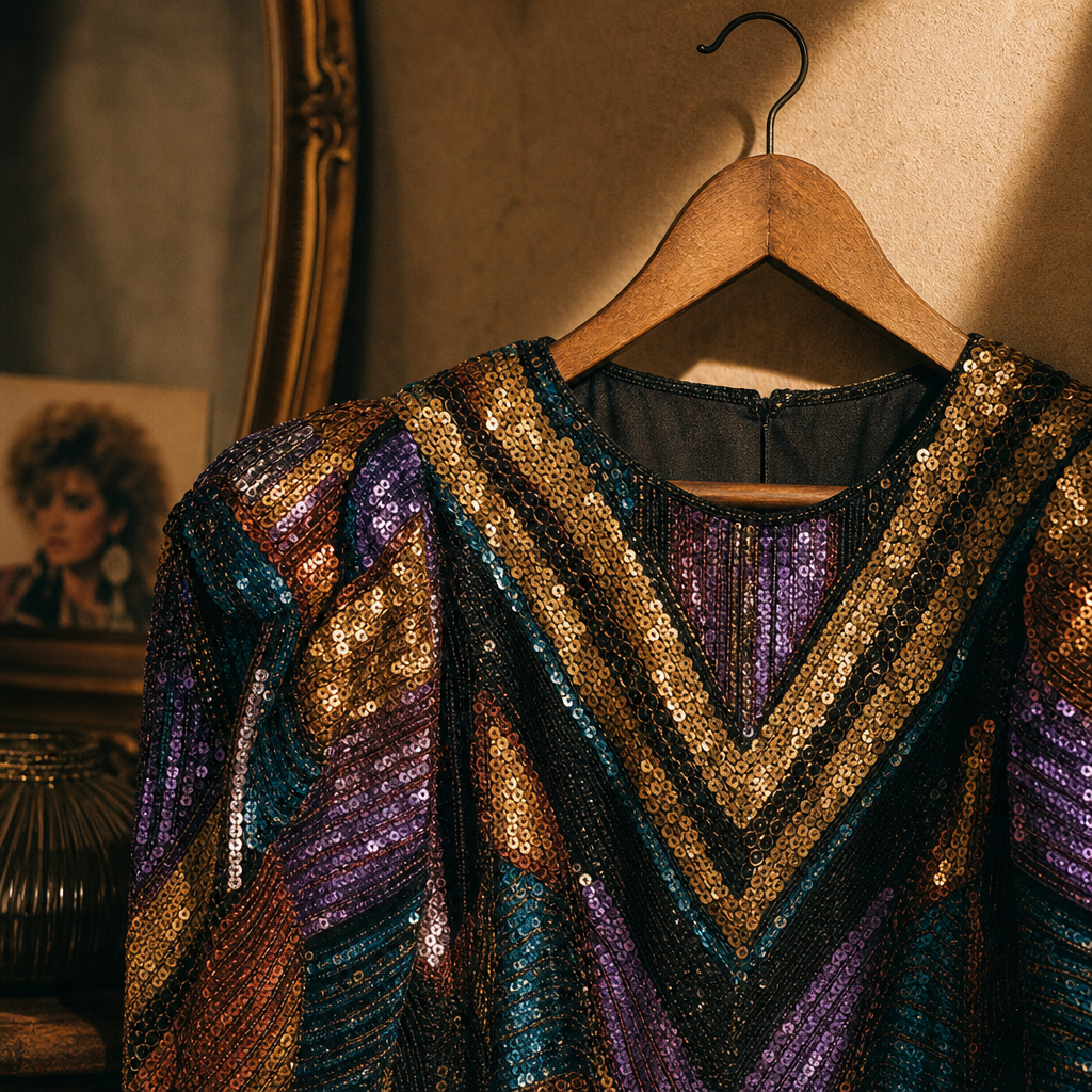 Close-up of an 1980s sequined blouse with bold shoulder line and metallic shimmer