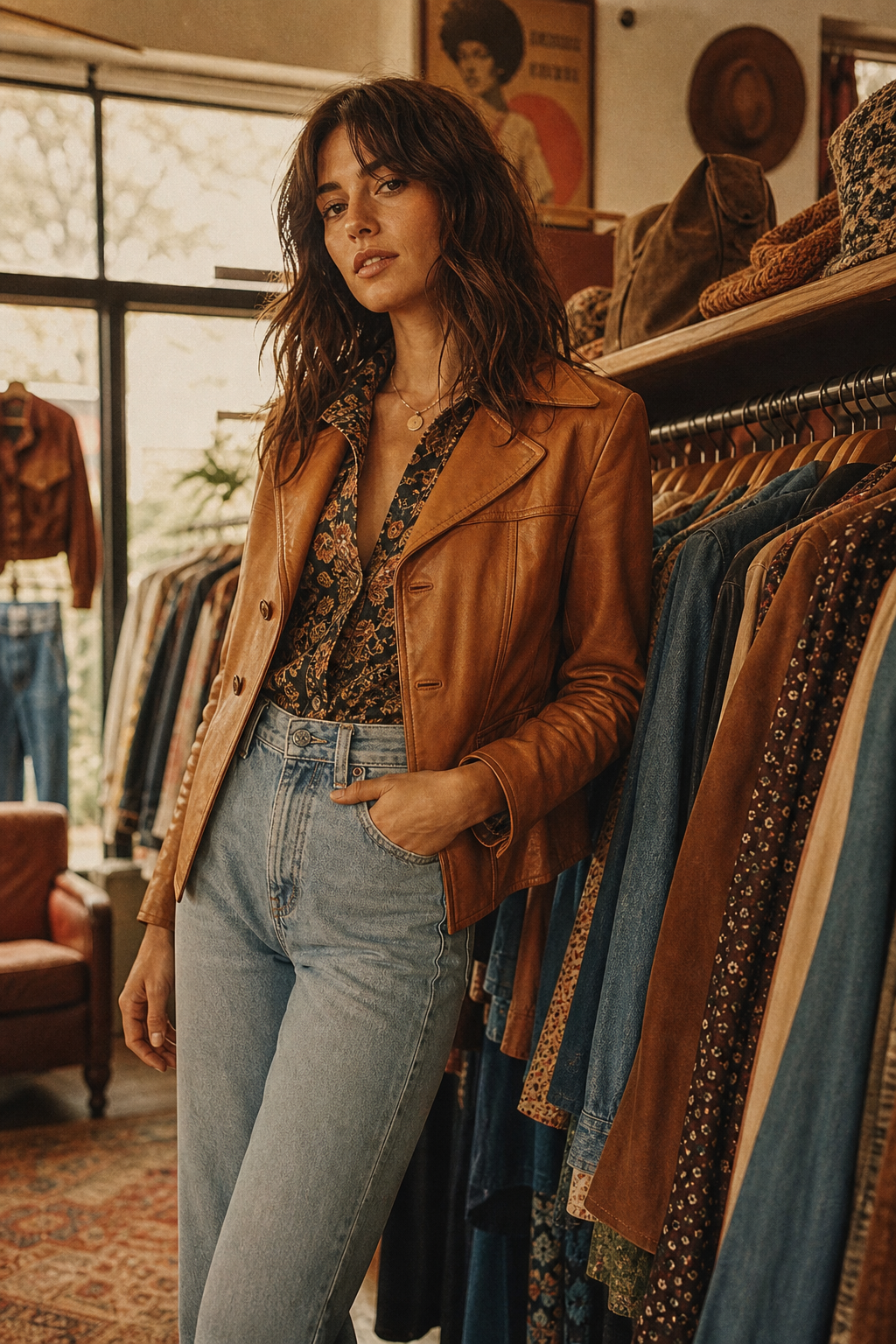 Warm film photograph of a stylish model in a caramel leather jacket and high-waisted denim, standing in a cozy vintage boutique with earthy tones.