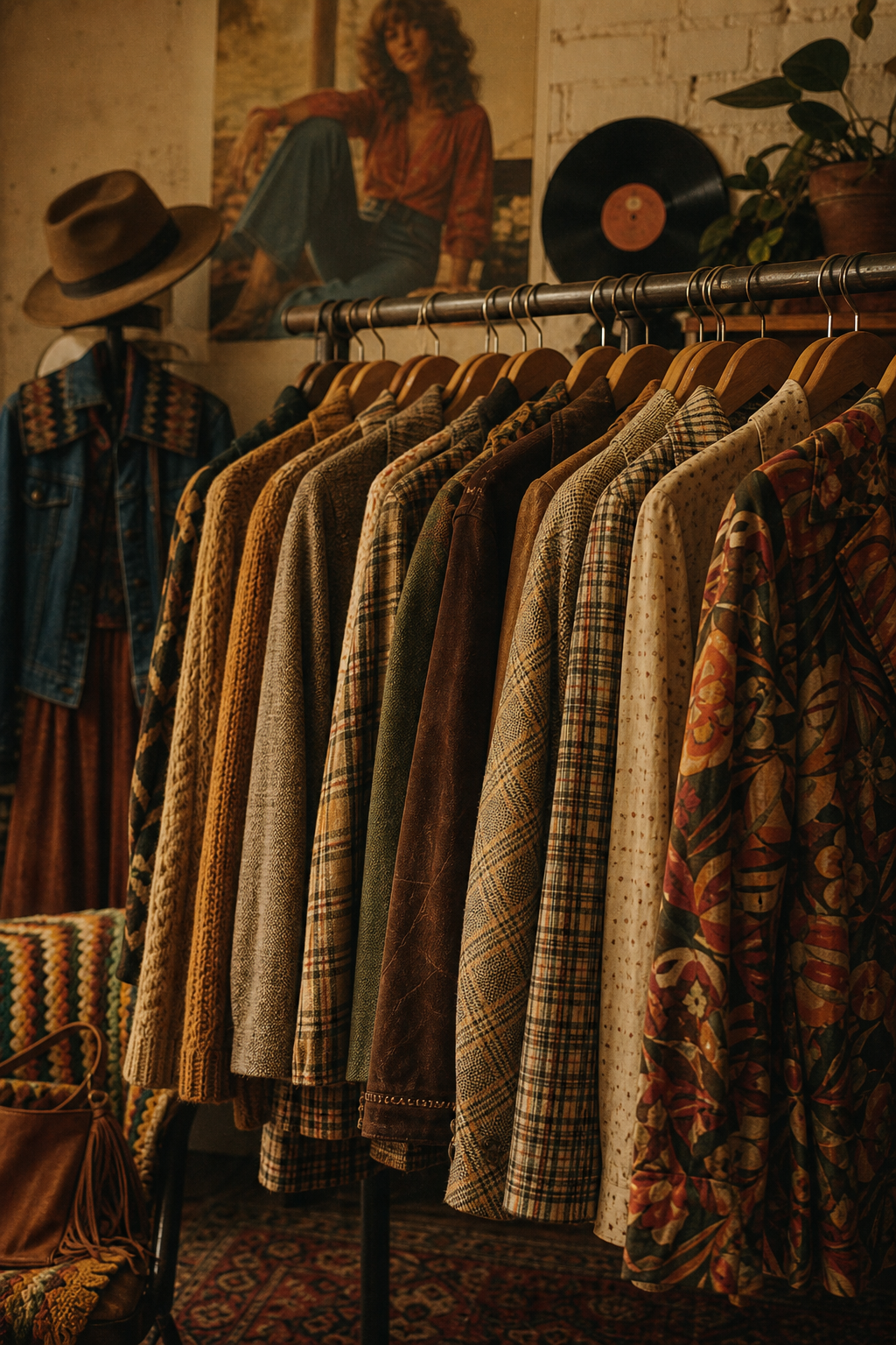 Warm film-style portrait of a vintage boutique rack with 70s and 80s outfits, earth-toned knits and patterned jackets under soft studio light