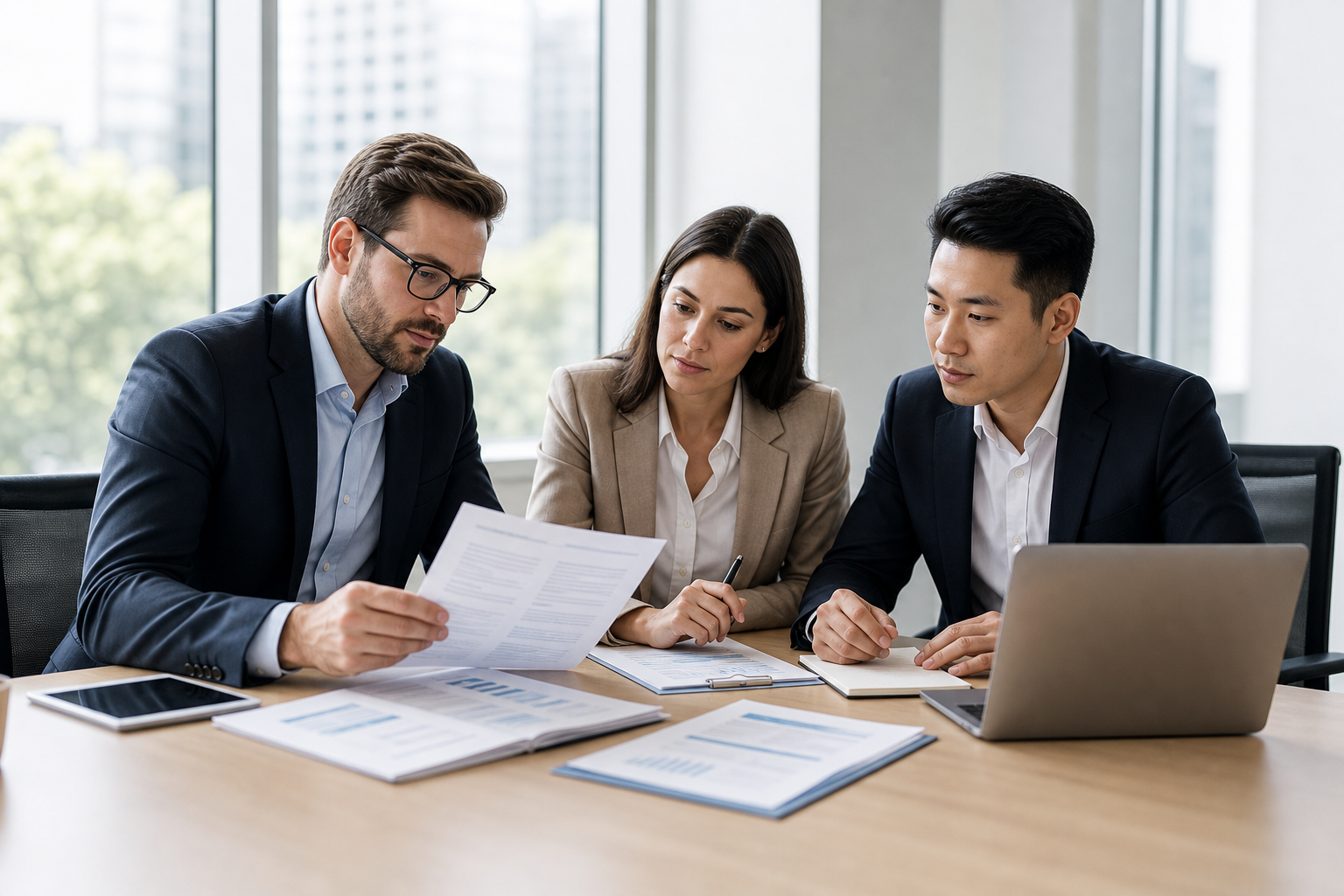 Professional operations team reviewing workflow documents in a modern office meeting room
