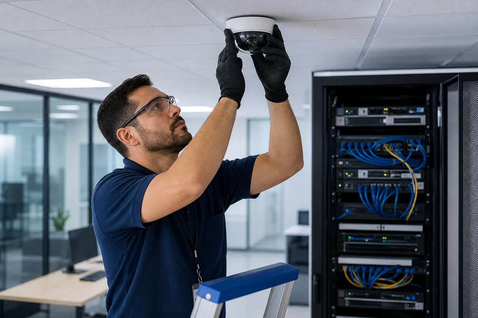 Técnico instalando cámara de seguridad en una oficina moderna con equipos de red