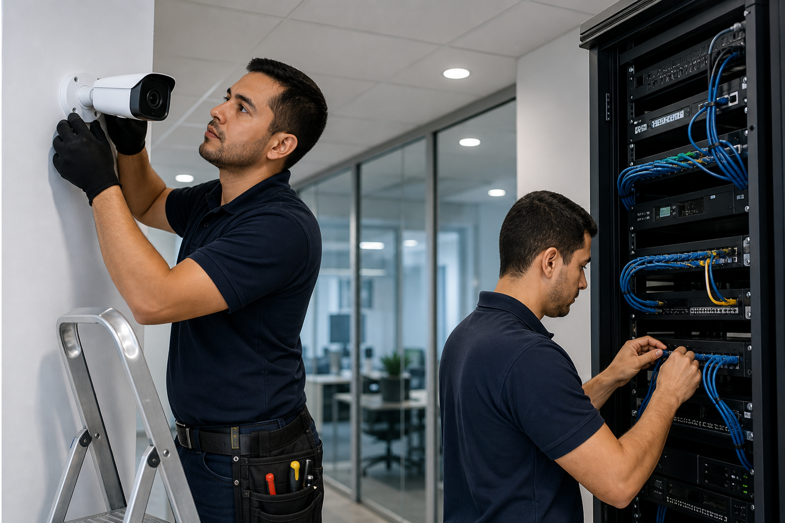 Te9cnicos instalando ce1maras de seguridad y configurando un rack de red en una empresa