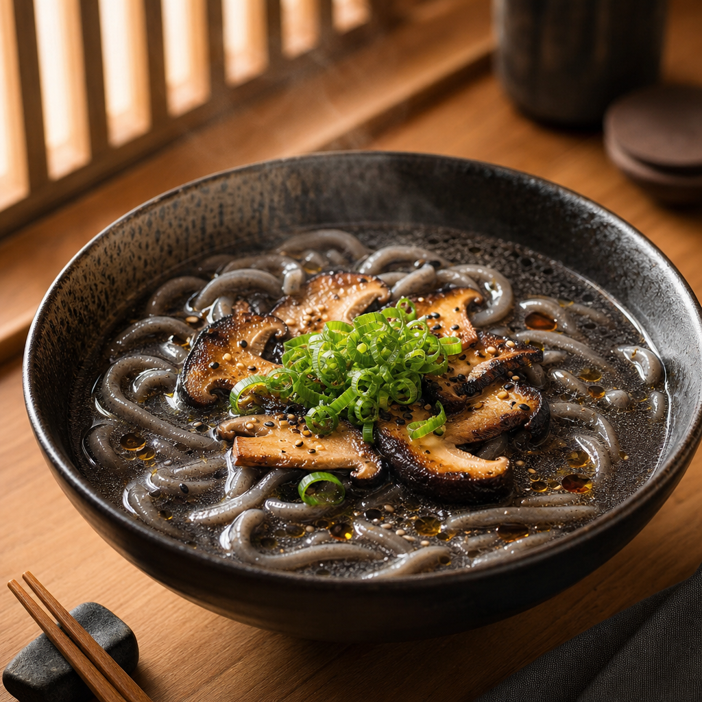 Steaming black sesame udon with grilled mushrooms and scallions in a ceramic bowl
