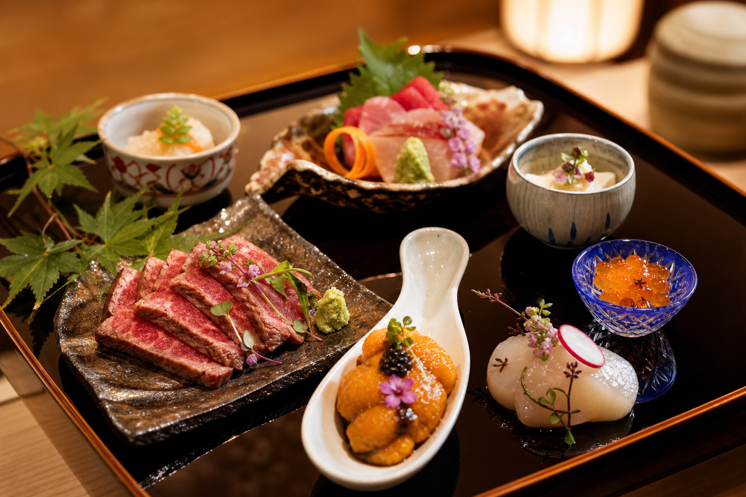 Chef-crafted omakase assortment with wagyu tataki, uni, and seasonal garnishes on a lacquered tray