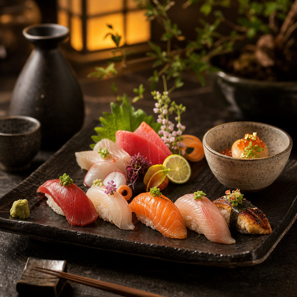 Elegant Japanese omakase set with sushi, sashimi, and warm plating on a dark stone table