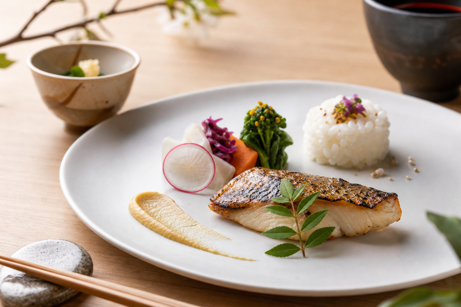 Refined seasonal kaiseki plate with grilled fish, pickled vegetables, and a small rice portion on minimalist porcelain