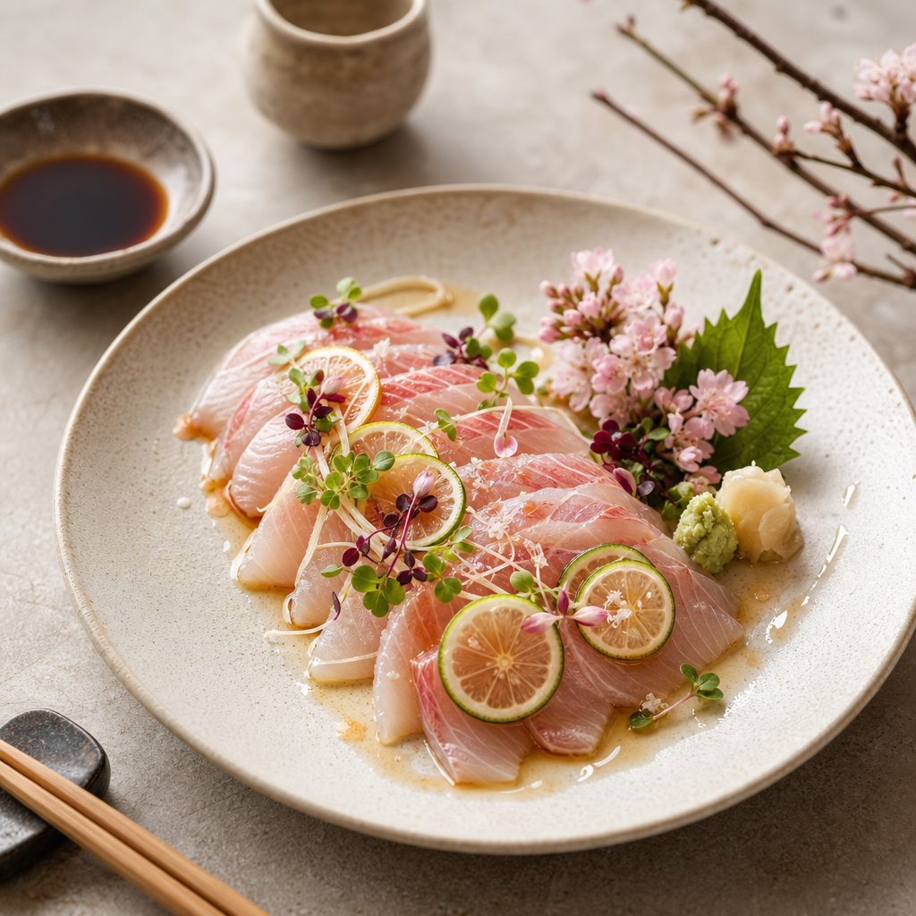Artful spring sashimi platter with pale pink snapper, citrus slices, and microgreens