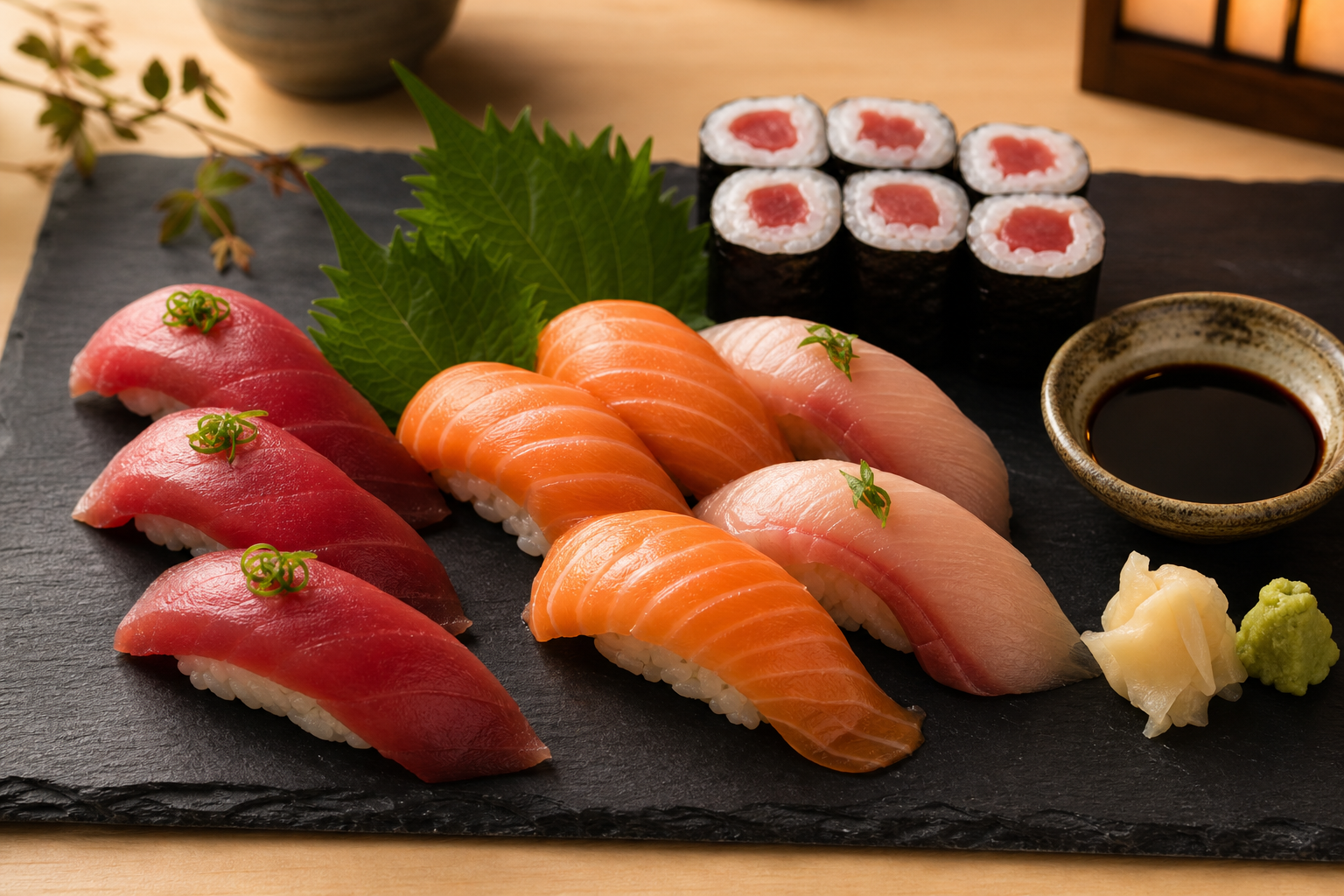 Elegant sushi platter with tuna, salmon, and yellowtail nigiri on a dark slate board with shiso leaves