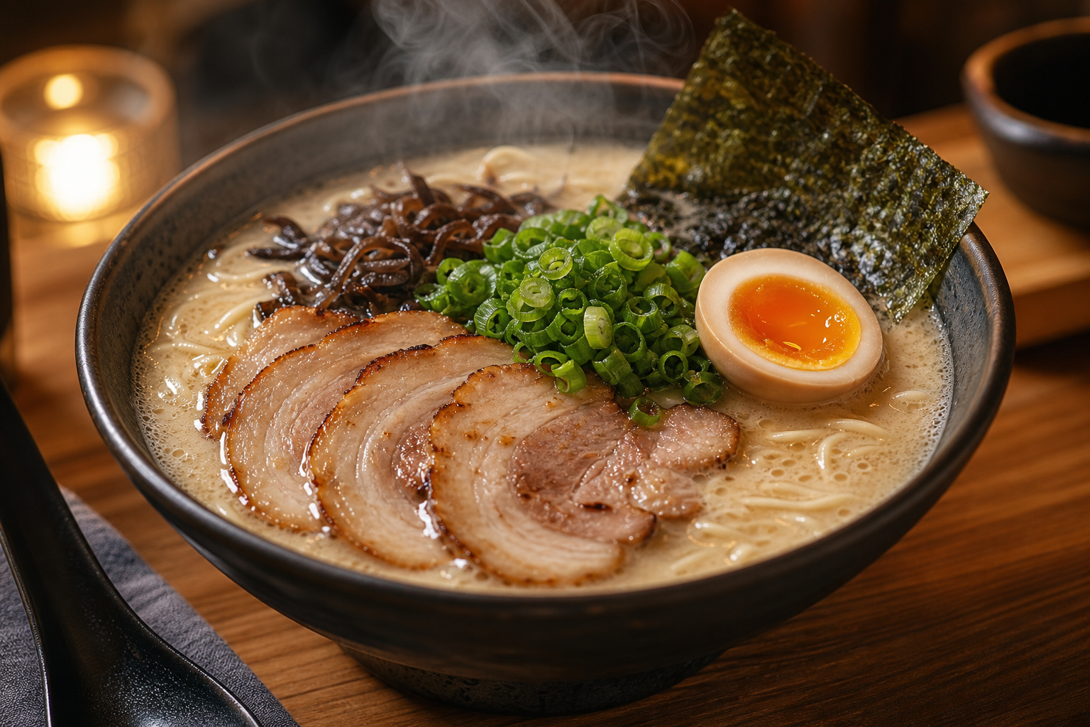 Steaming bowl of creamy tonkotsu ramen with chashu pork, soft egg, and scallions in a ceramic bowl