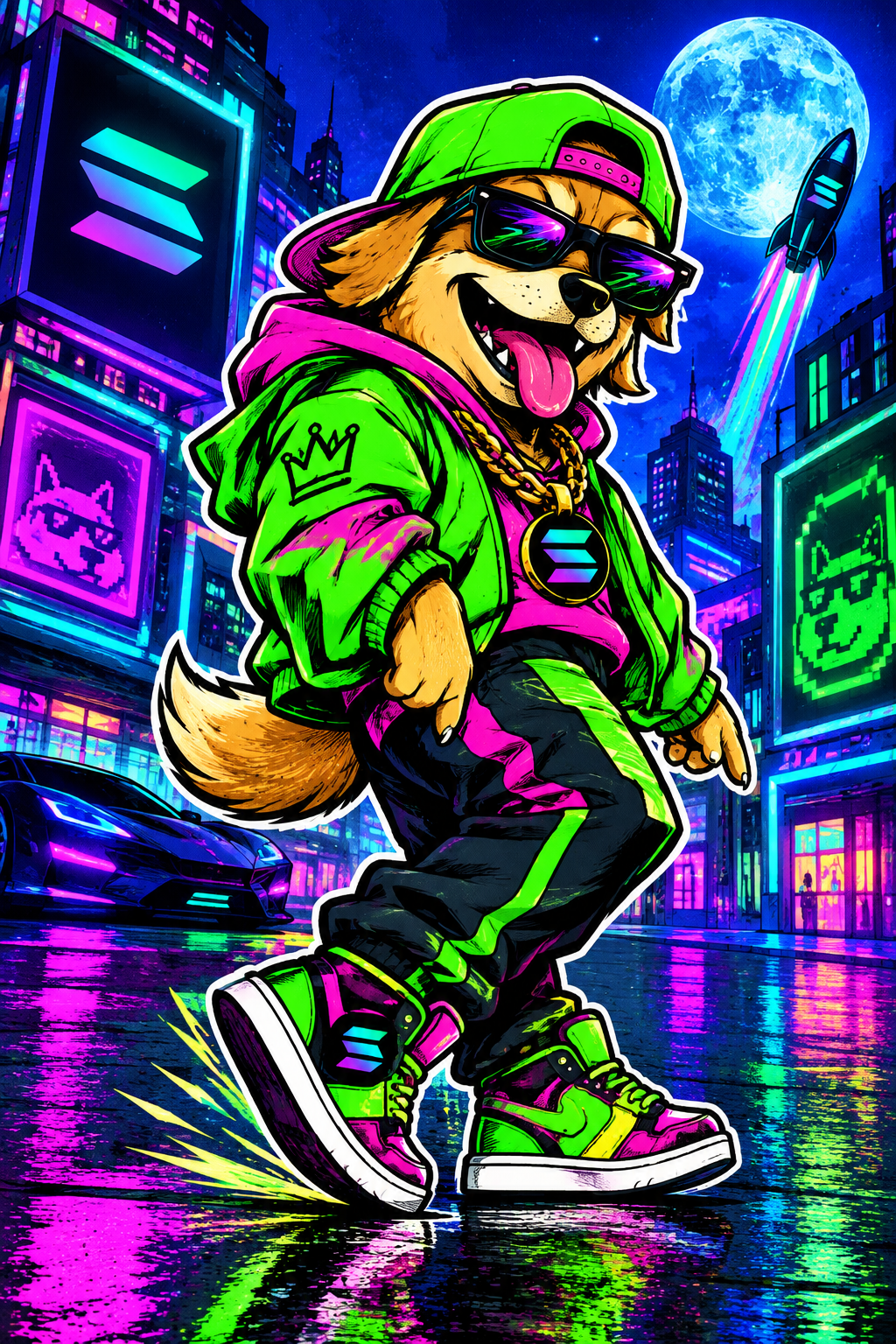 Chaotic cartoon dog mascot in neon streetwear moonwalking on a Solana-themed retro cyber street, bold meme expression, sticker-like style