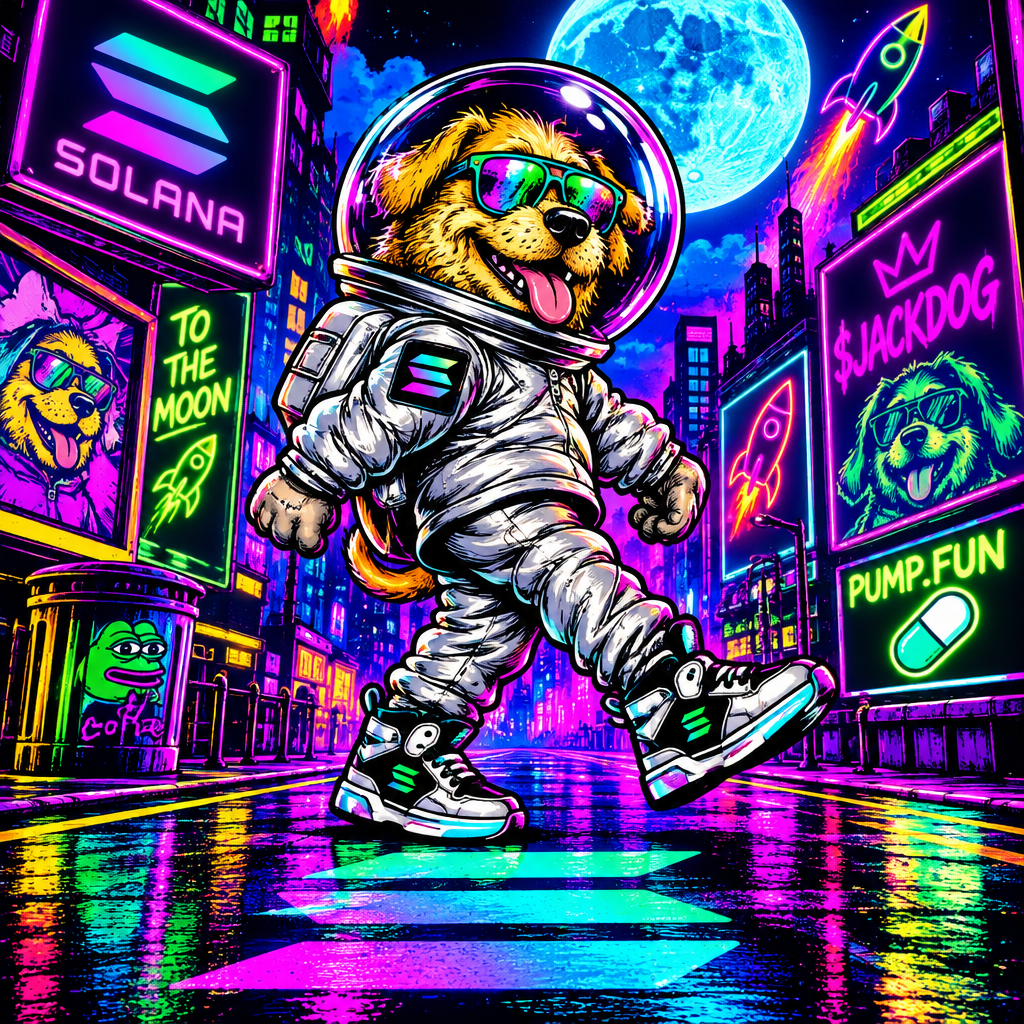 Cartoon cryptid-style dog in a retro spacesuit moonwalking on a neon Solana street with meme energy