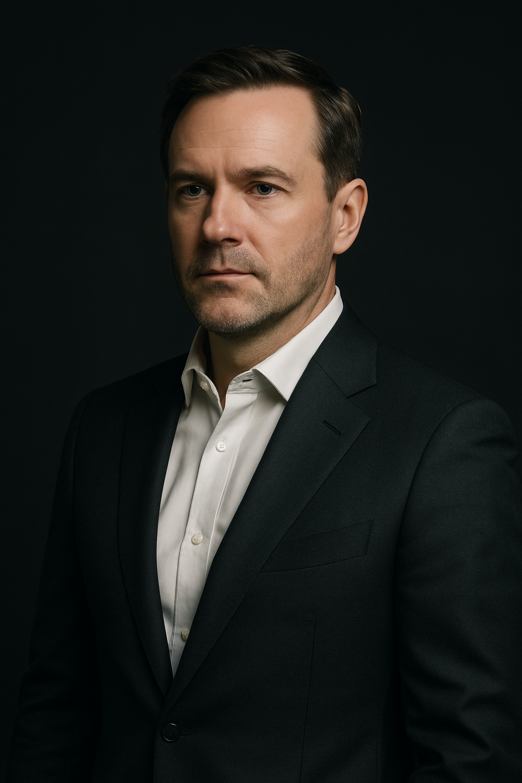 Composed portrait of Michael Carroll in a tailored dark suit with a calm studio backdrop