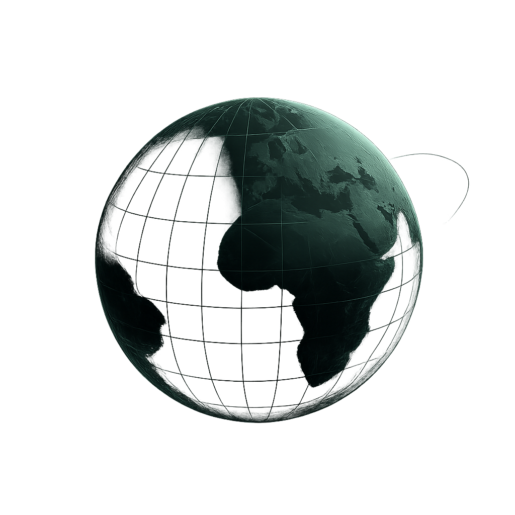 Large cinematic 3D globe with luminous geographic lines and subtle atmospheric glow