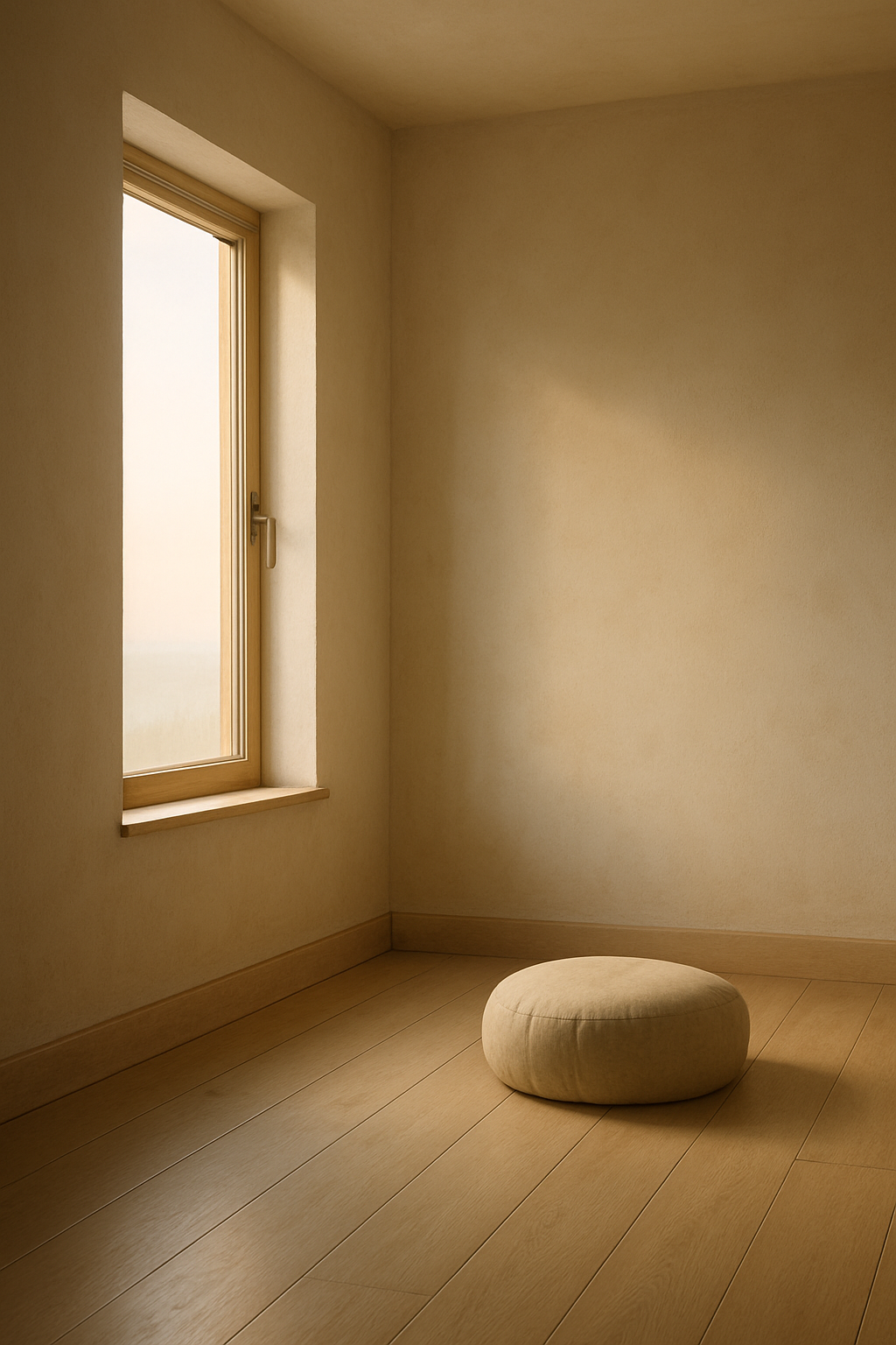 Soft morning contemplative interior with open window light and distant horizon